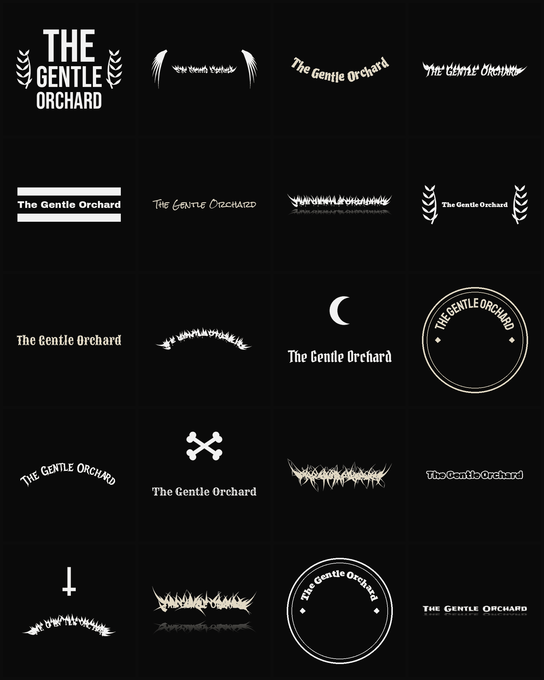 Twenty The Gentle Orchard band logo ideas — different faces, treatments and spike settings