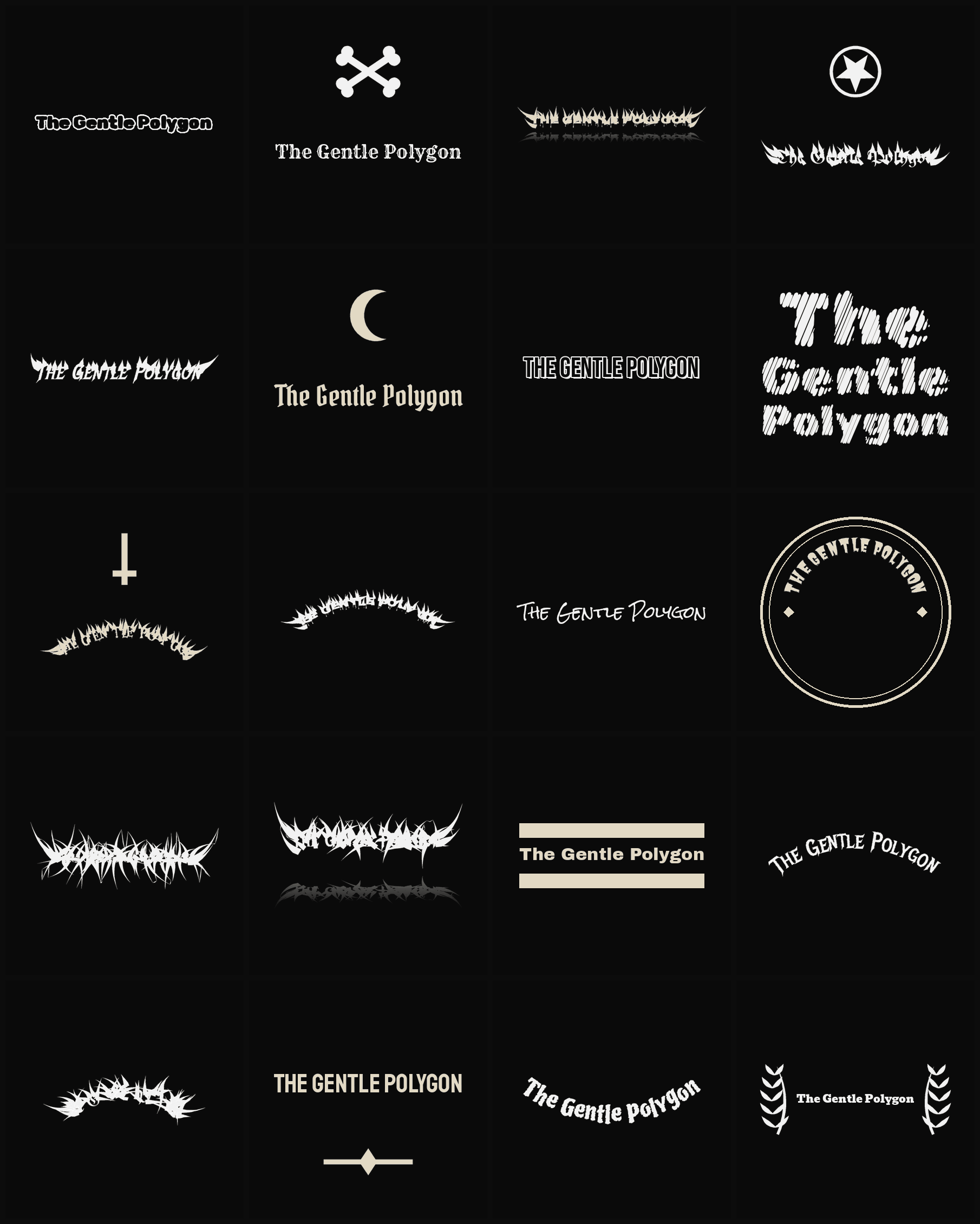 Twenty The Gentle Polygon band logo ideas — different faces, treatments and spike settings
