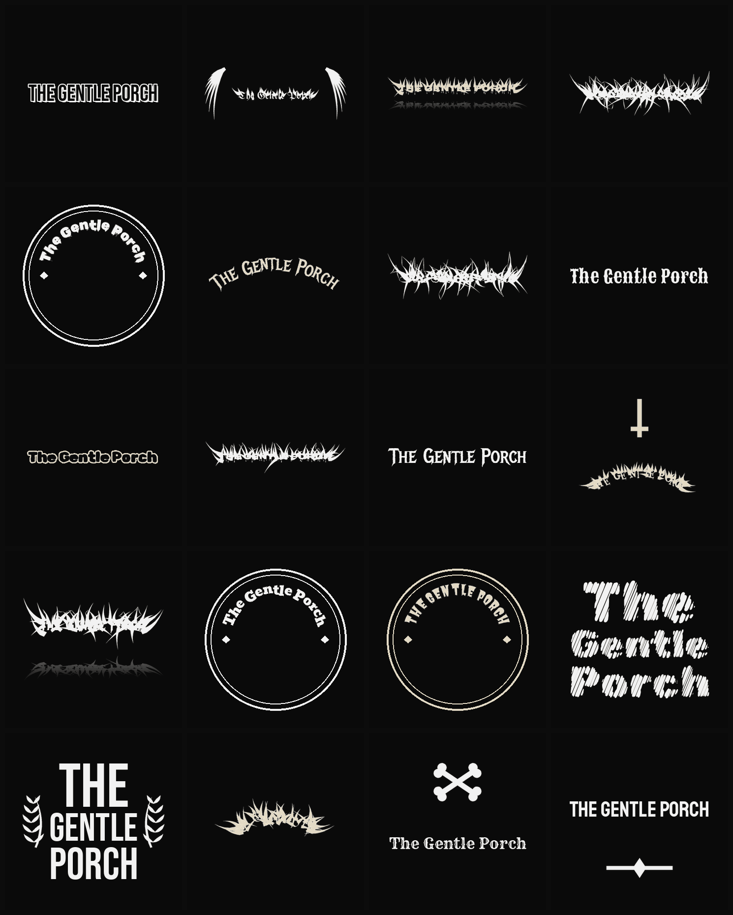 Twenty The Gentle Porch band logo ideas — different faces, treatments and spike settings