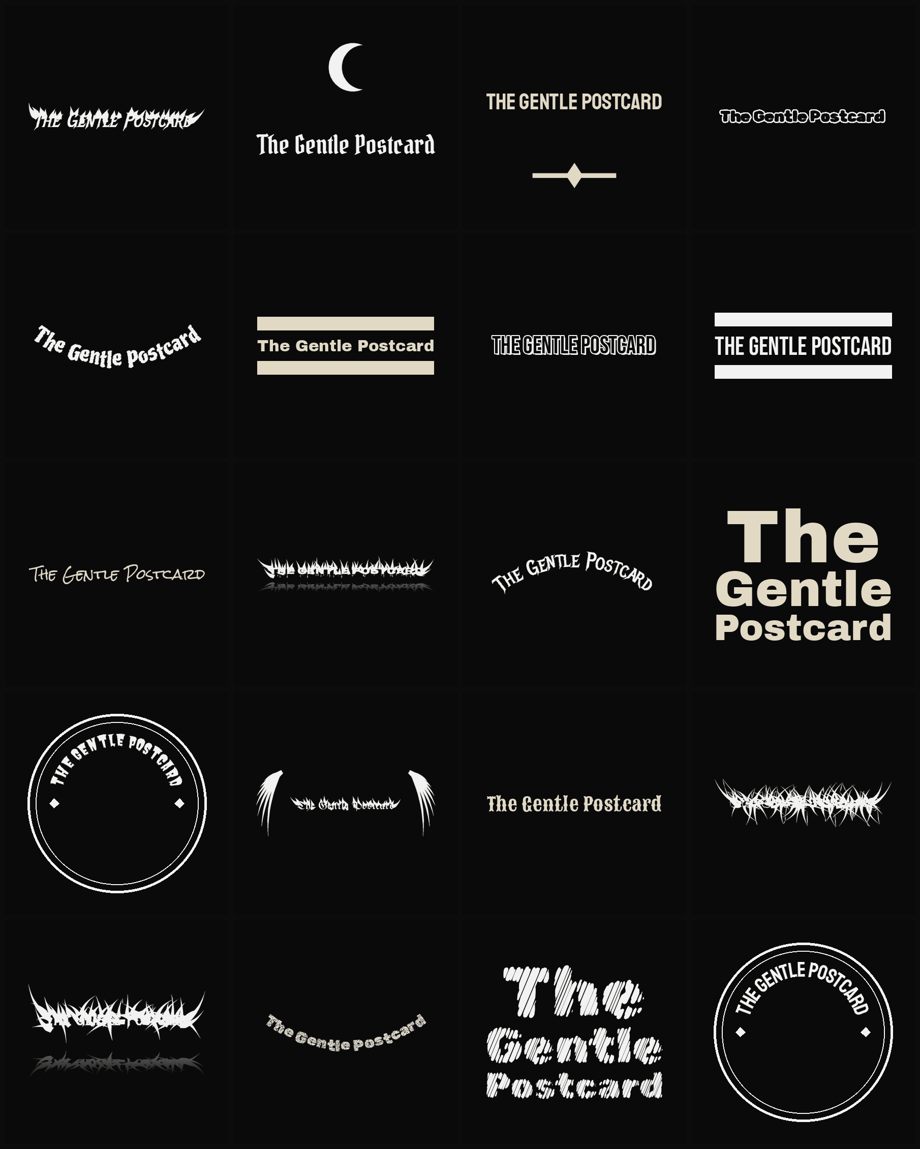 Twenty The Gentle Postcard band logo ideas — different faces, treatments and spike settings