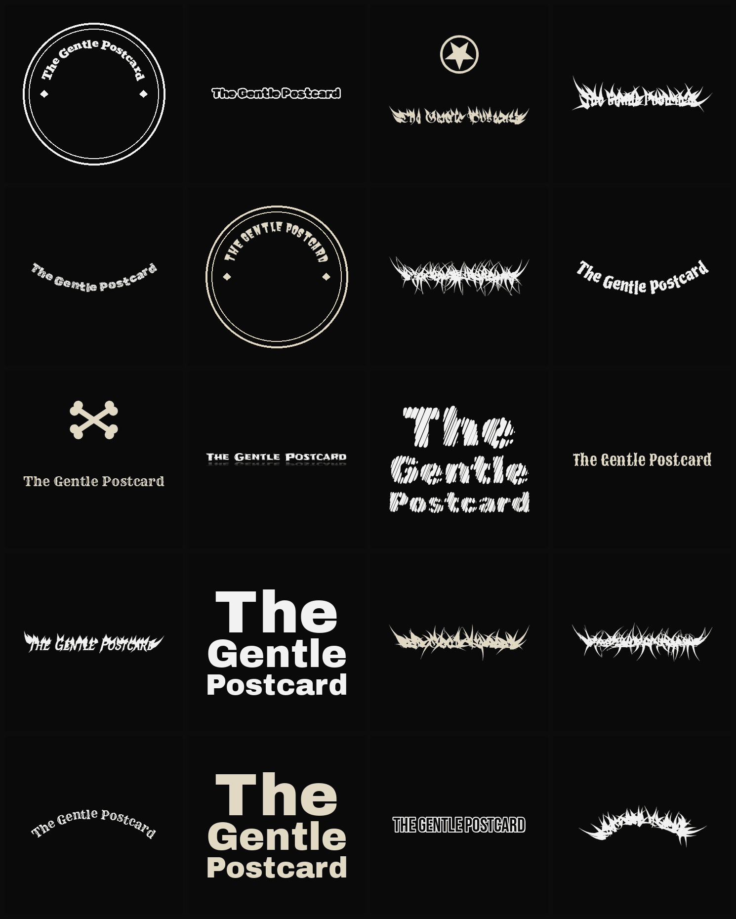 Twenty The Gentle Postcard band logo ideas — different faces, treatments and spike settings