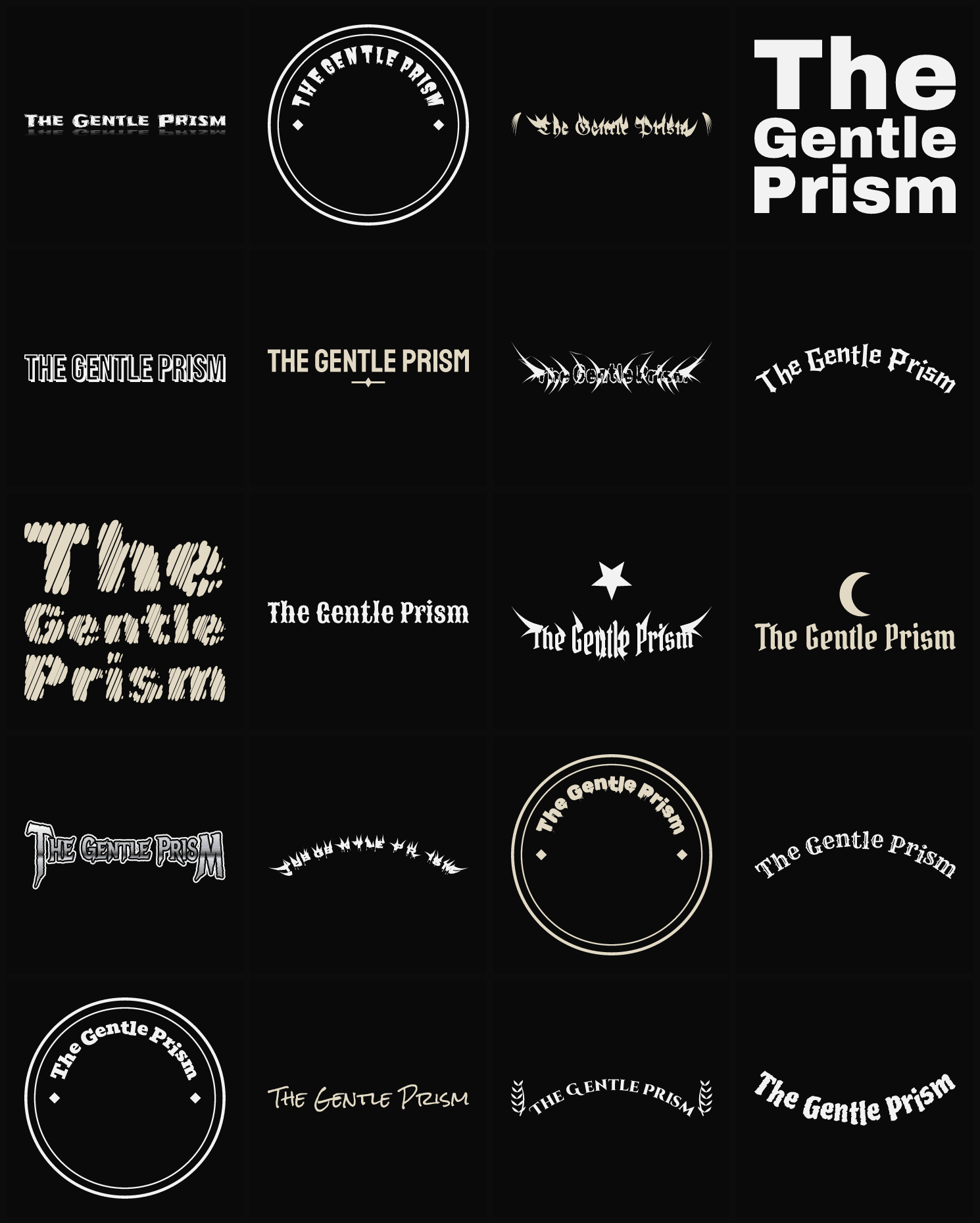 Twenty The Gentle Prism band logo ideas — different faces, treatments and spike settings