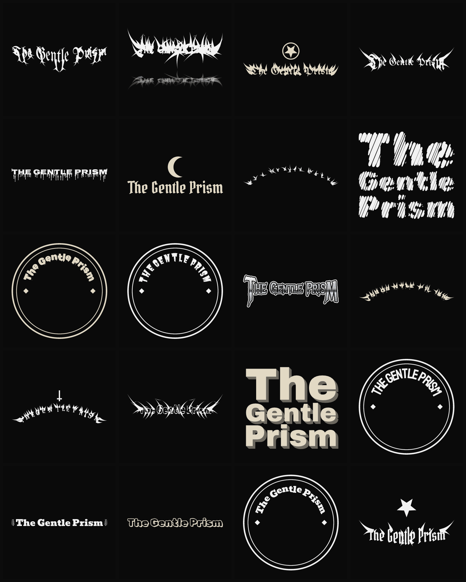 Twenty The Gentle Prism band logo ideas — different faces, treatments and spike settings