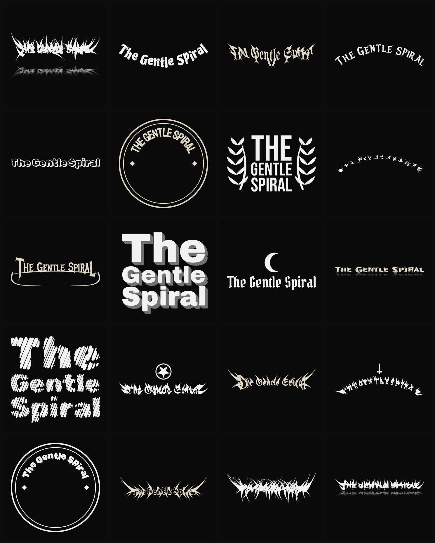 Twenty The Gentle Spiral band logo ideas — different faces, treatments and spike settings