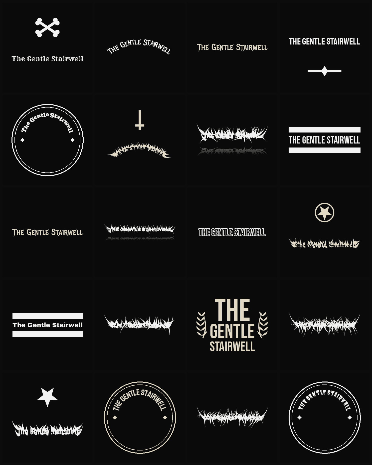 Twenty The Gentle Stairwell band logo ideas — different faces, treatments and spike settings