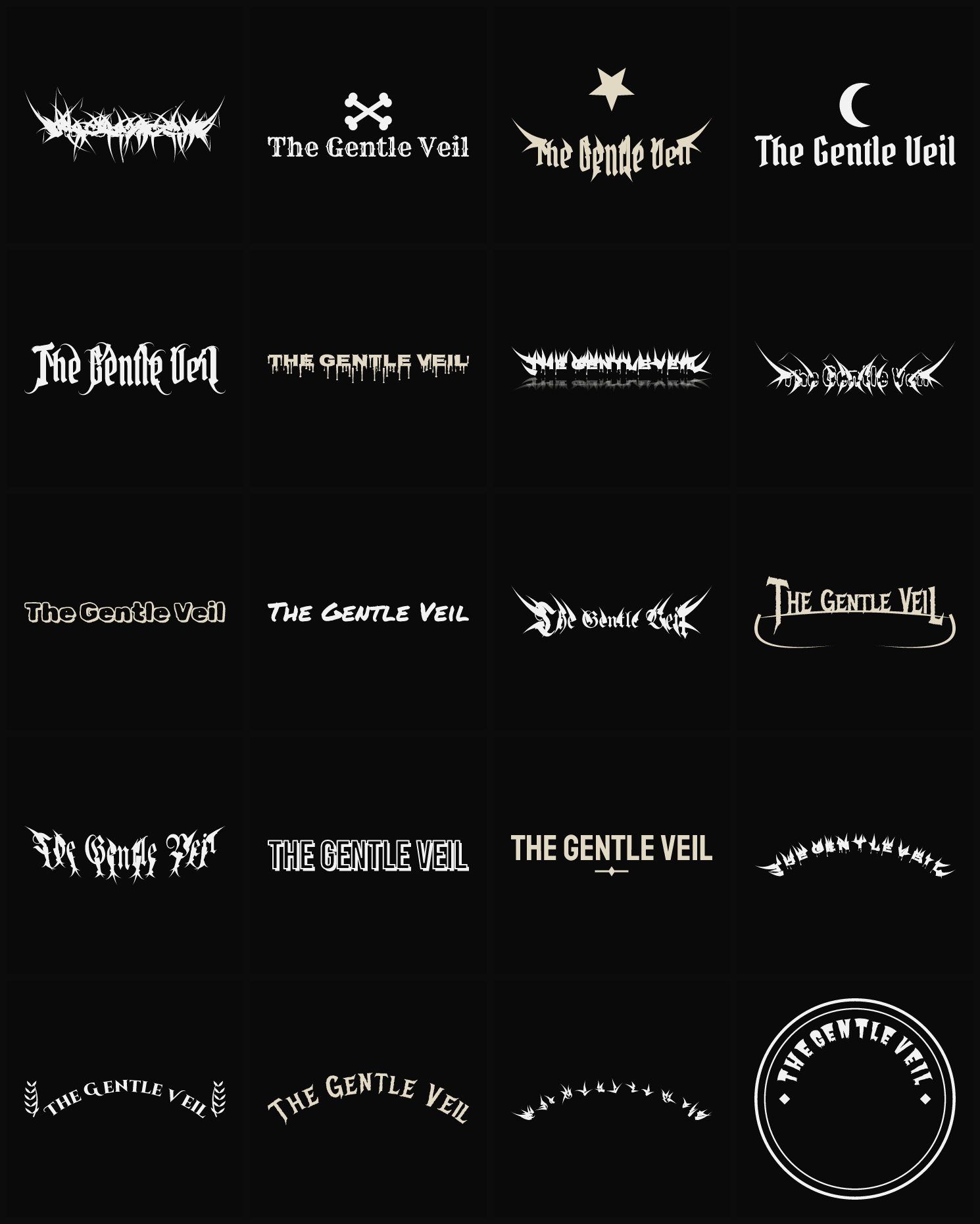 Twenty The Gentle Veil band logo ideas — different faces, treatments and spike settings