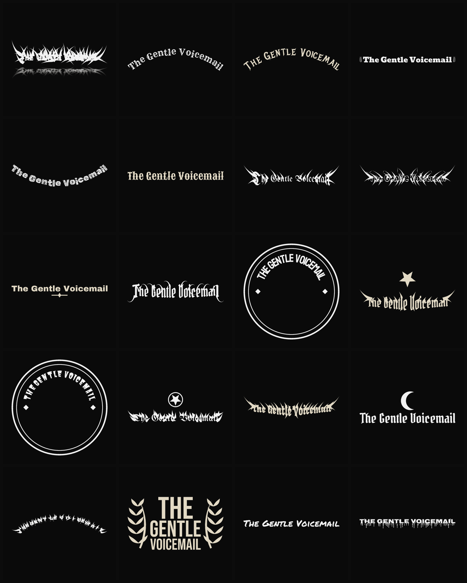 Twenty The Gentle Voicemail band logo ideas — different faces, treatments and spike settings