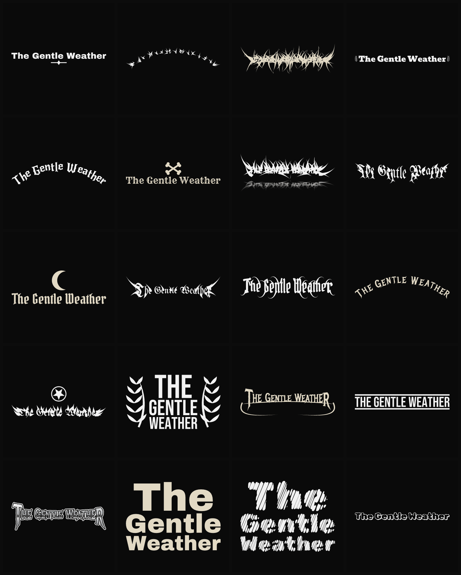 Twenty The Gentle Weather band logo ideas — different faces, treatments and spike settings