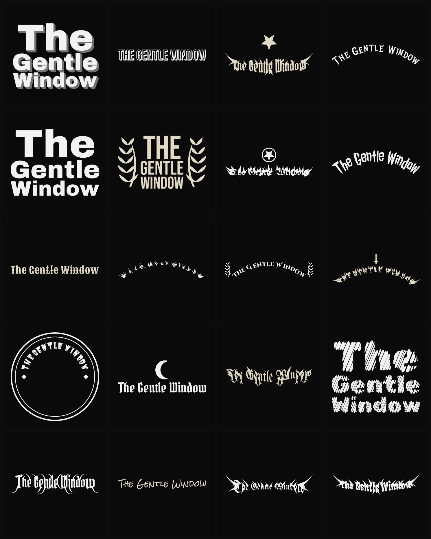 Twenty The Gentle Window band logo ideas — different faces, treatments and spike settings