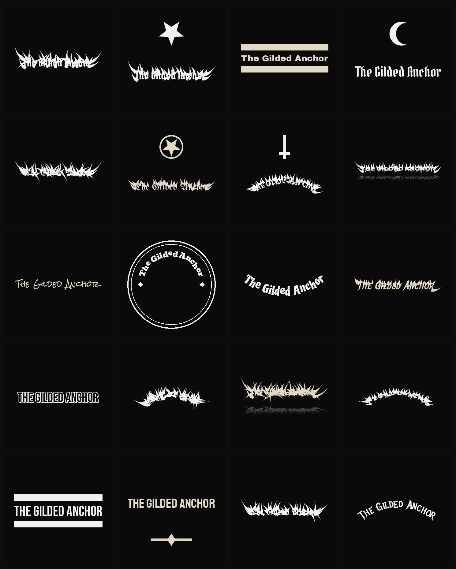 Twenty The Gilded Anchor band logo ideas — different faces, treatments and spike settings