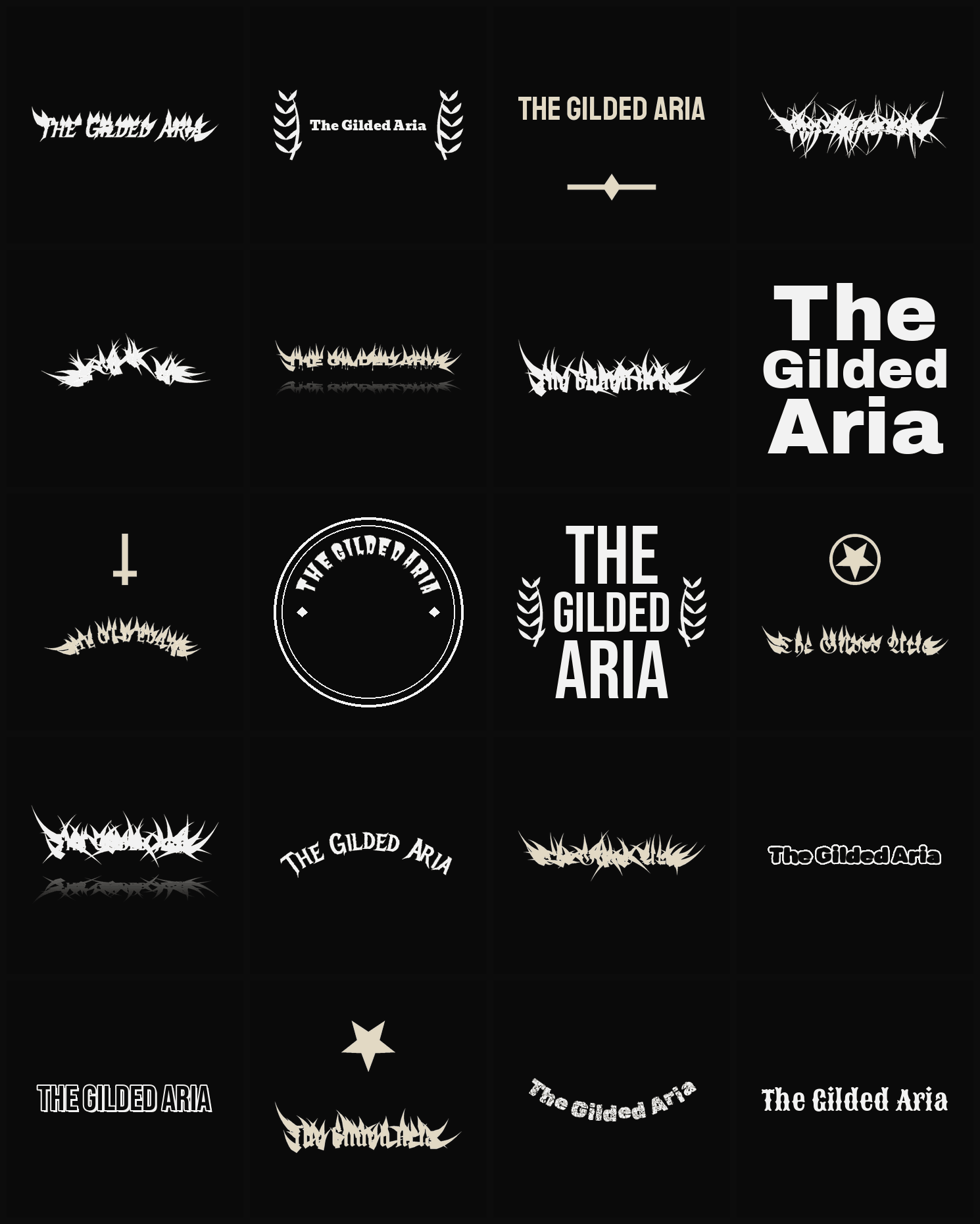 Twenty The Gilded Aria band logo ideas — different faces, treatments and spike settings