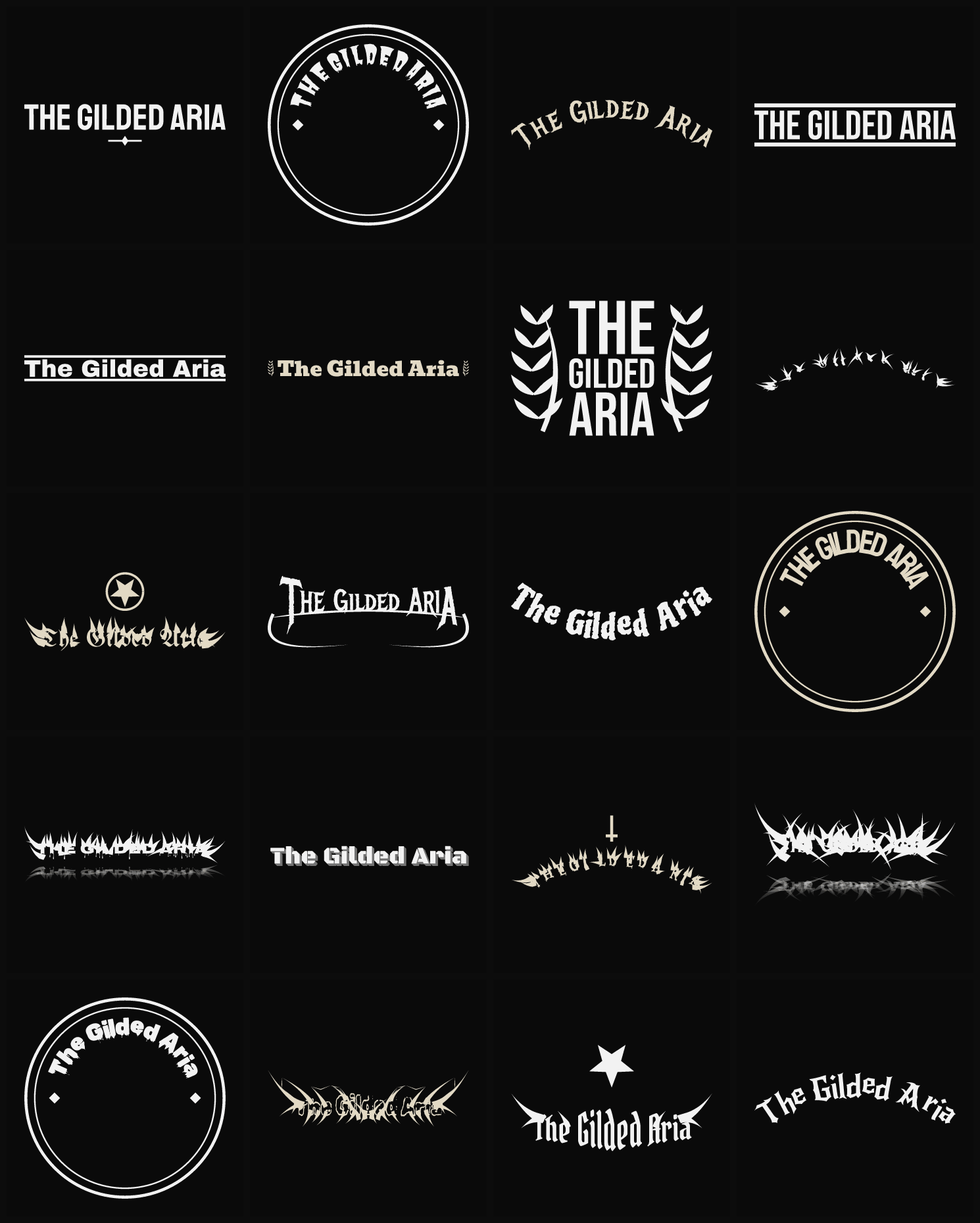 Twenty The Gilded Aria band logo ideas — different faces, treatments and spike settings