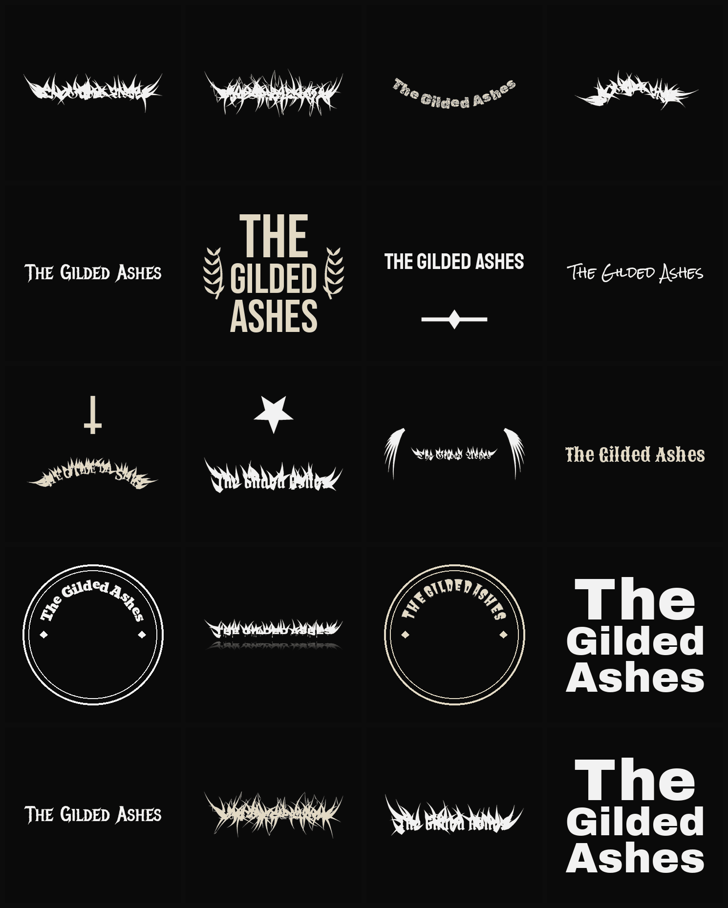 Twenty The Gilded Ashes band logo ideas — different faces, treatments and spike settings