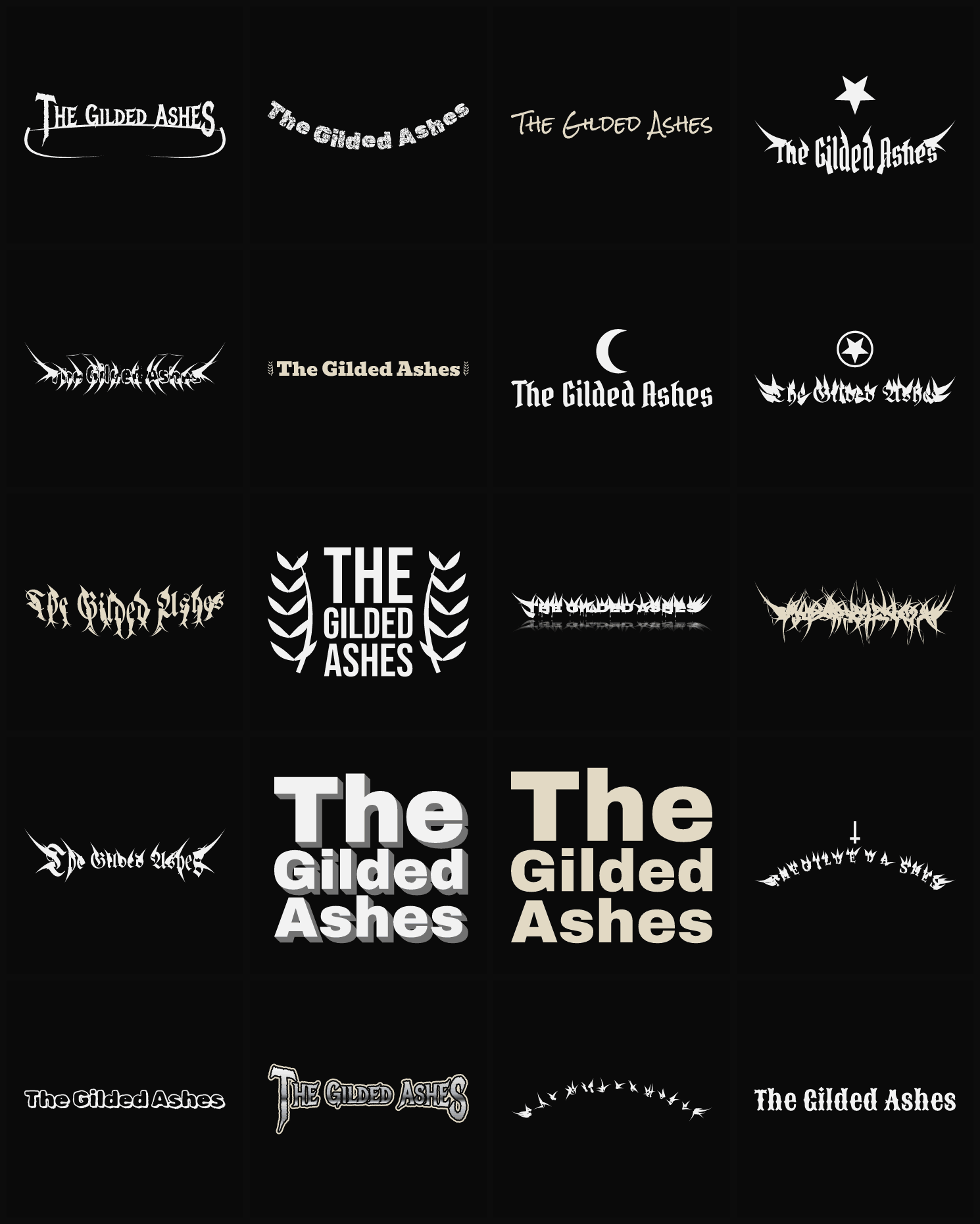 Twenty The Gilded Ashes band logo ideas — different faces, treatments and spike settings