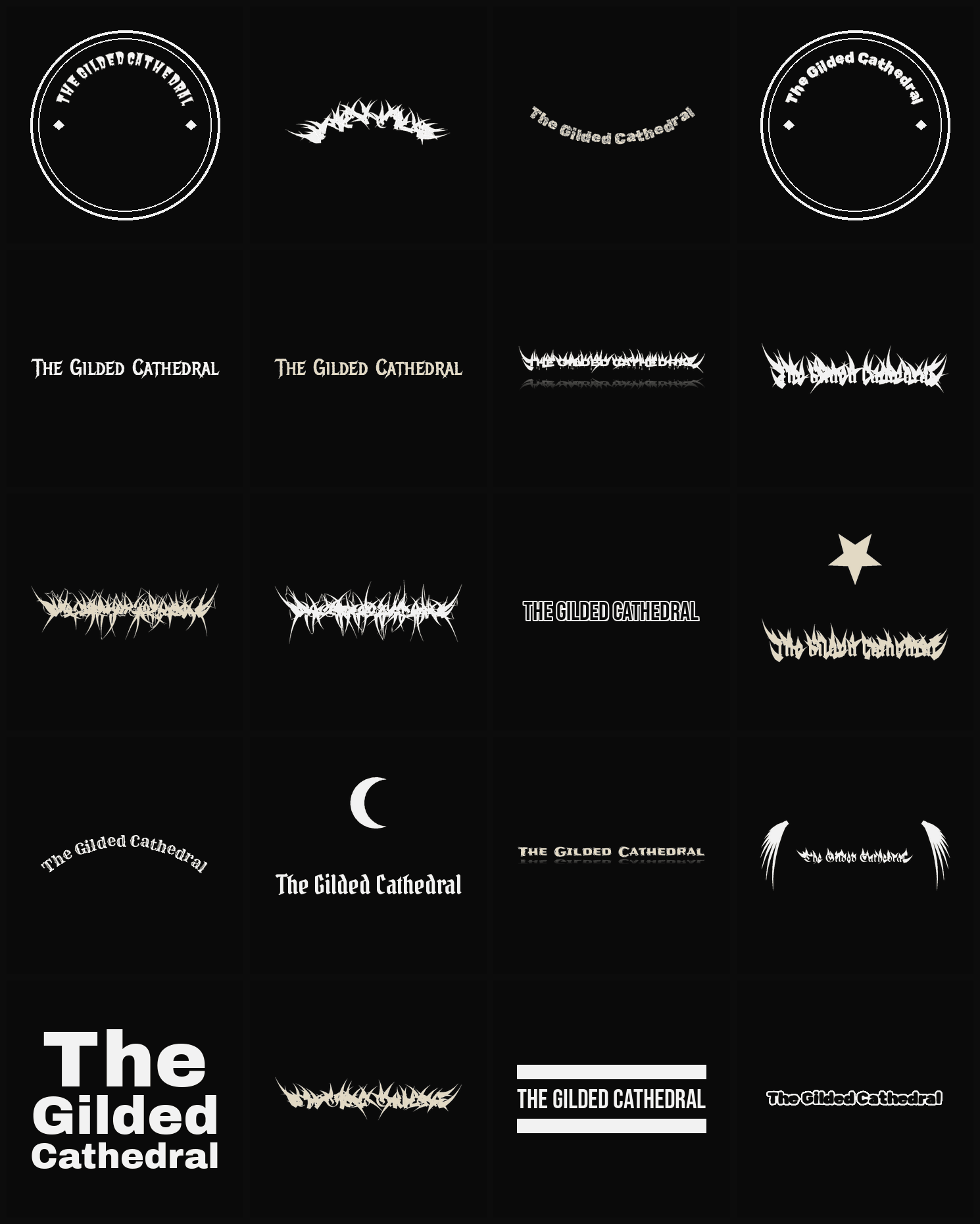 Twenty The Gilded Cathedral band logo ideas — different faces, treatments and spike settings
