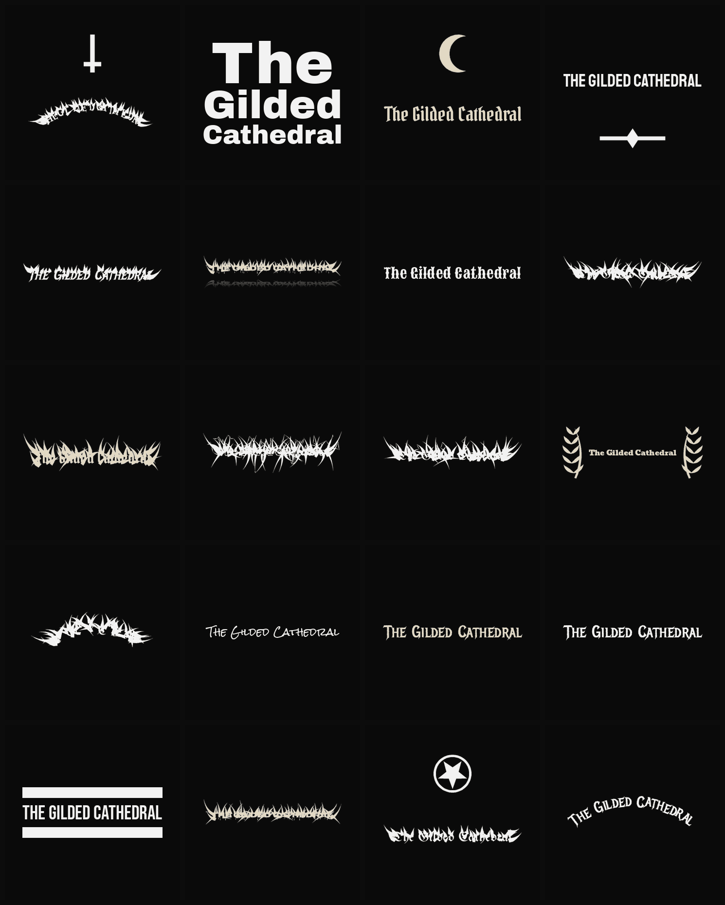Twenty The Gilded Cathedral band logo ideas — different faces, treatments and spike settings