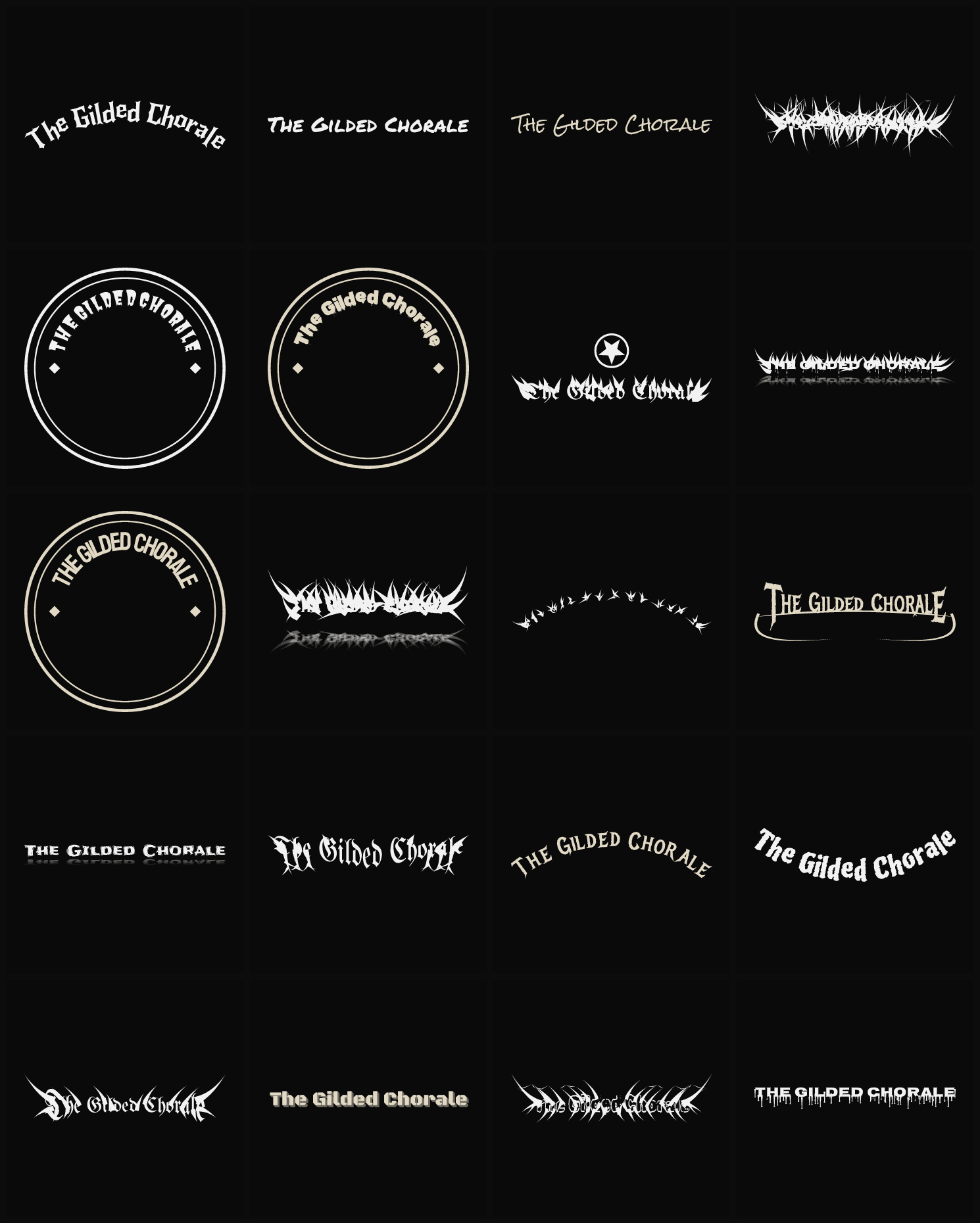 Twenty The Gilded Chorale band logo ideas — different faces, treatments and spike settings