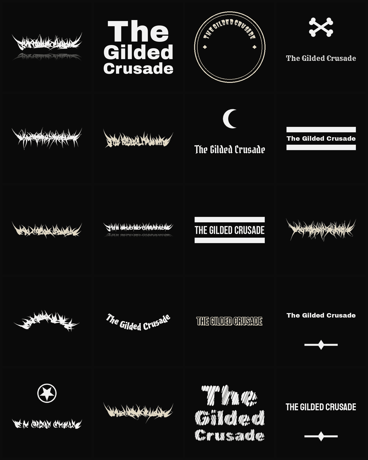 Twenty The Gilded Crusade band logo ideas — different faces, treatments and spike settings