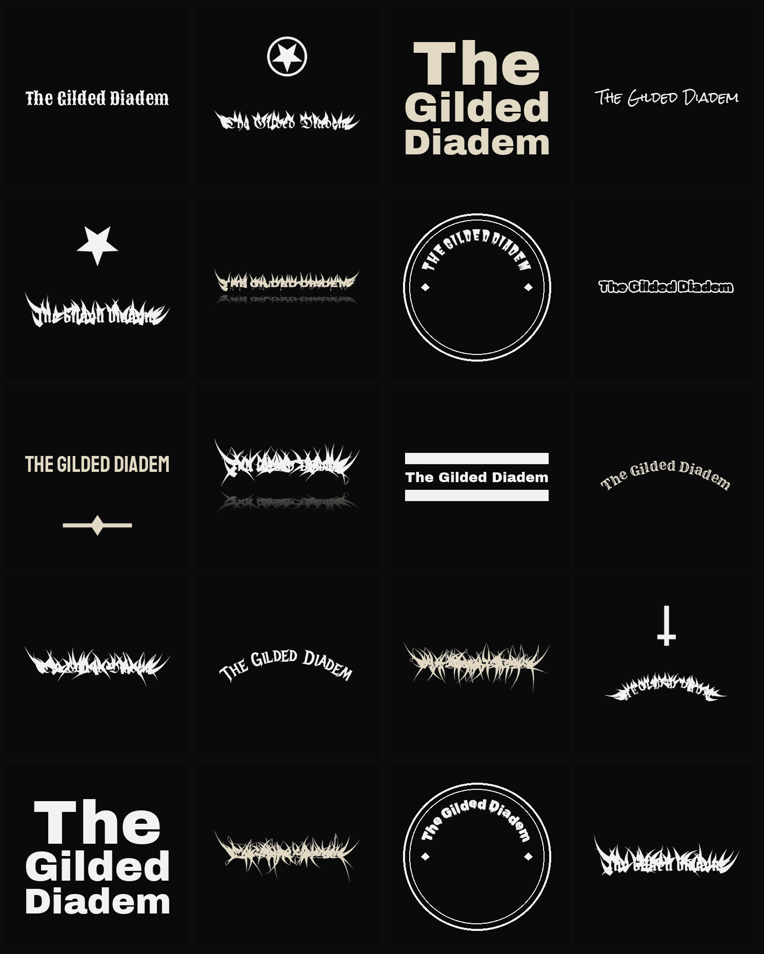 Twenty The Gilded Diadem band logo ideas — different faces, treatments and spike settings