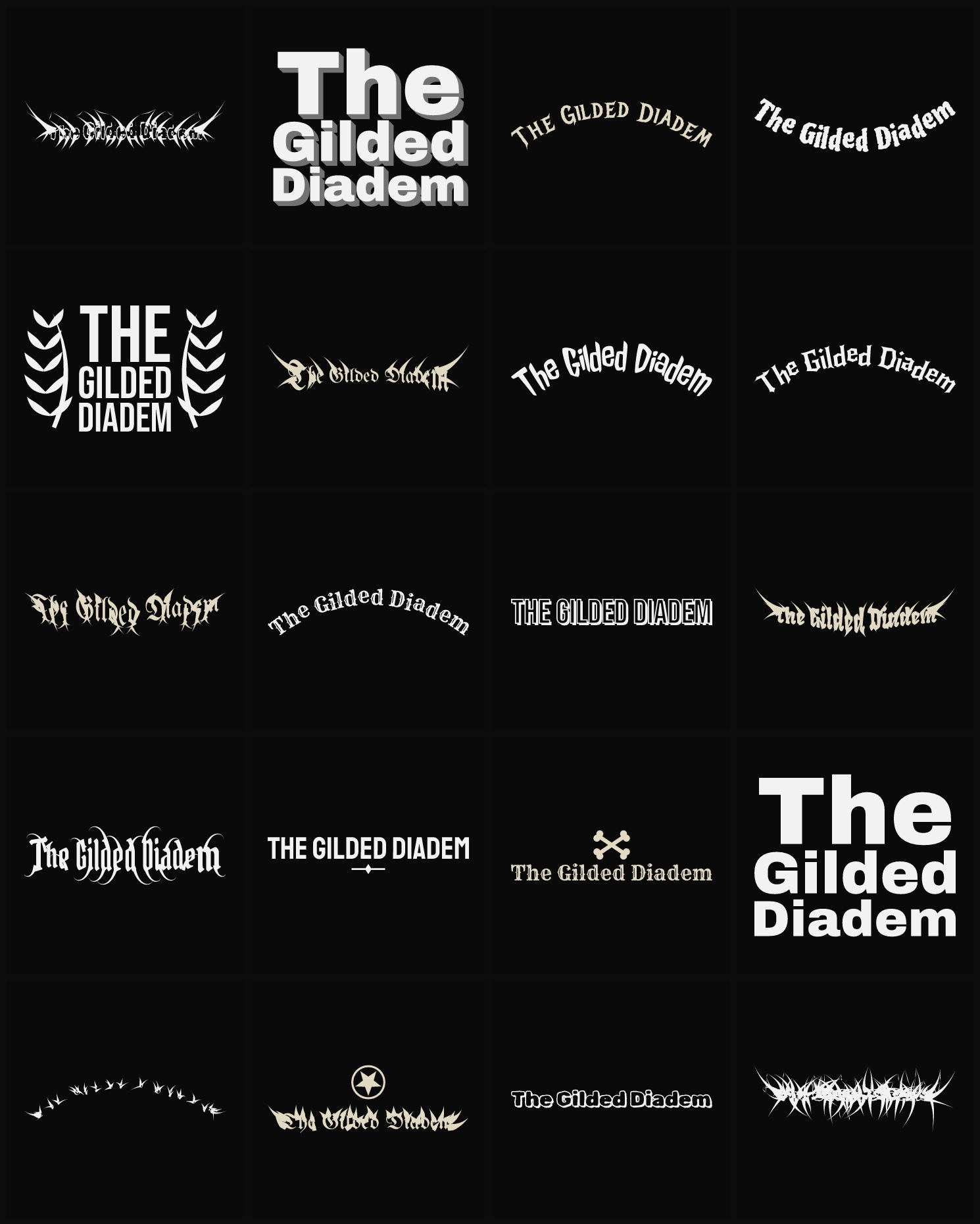 Twenty The Gilded Diadem band logo ideas — different faces, treatments and spike settings