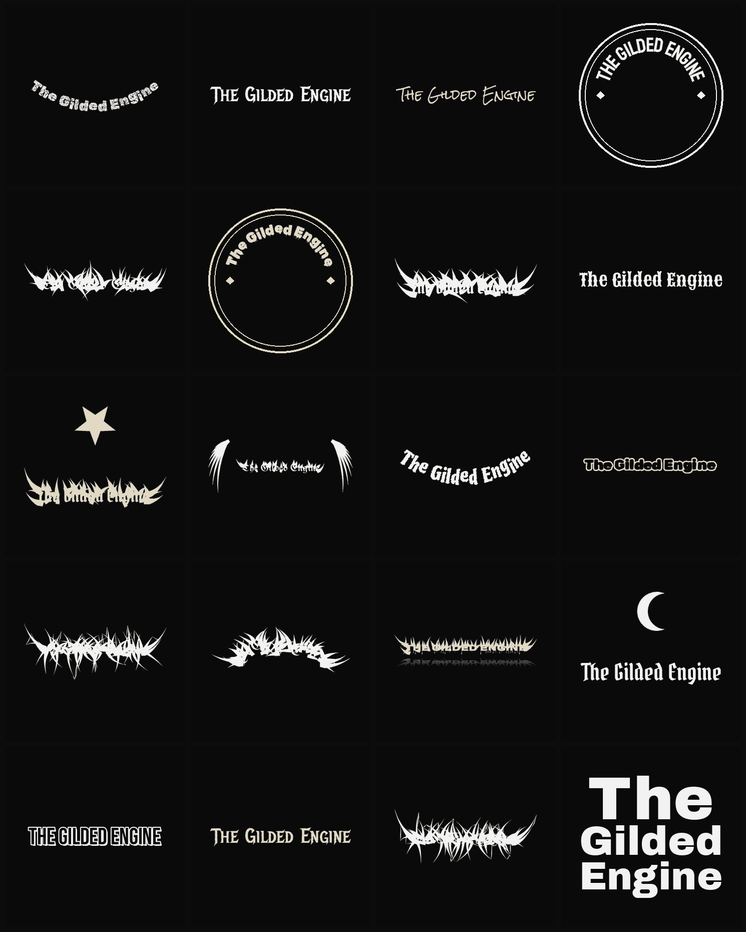 Twenty The Gilded Engine band logo ideas — different faces, treatments and spike settings