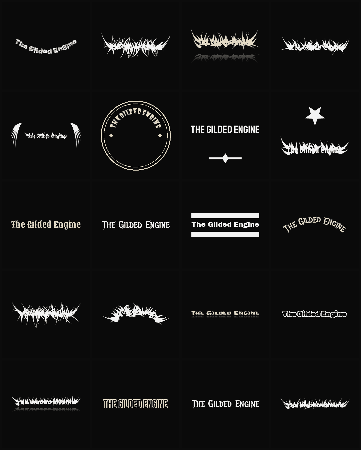 Twenty The Gilded Engine band logo ideas — different faces, treatments and spike settings