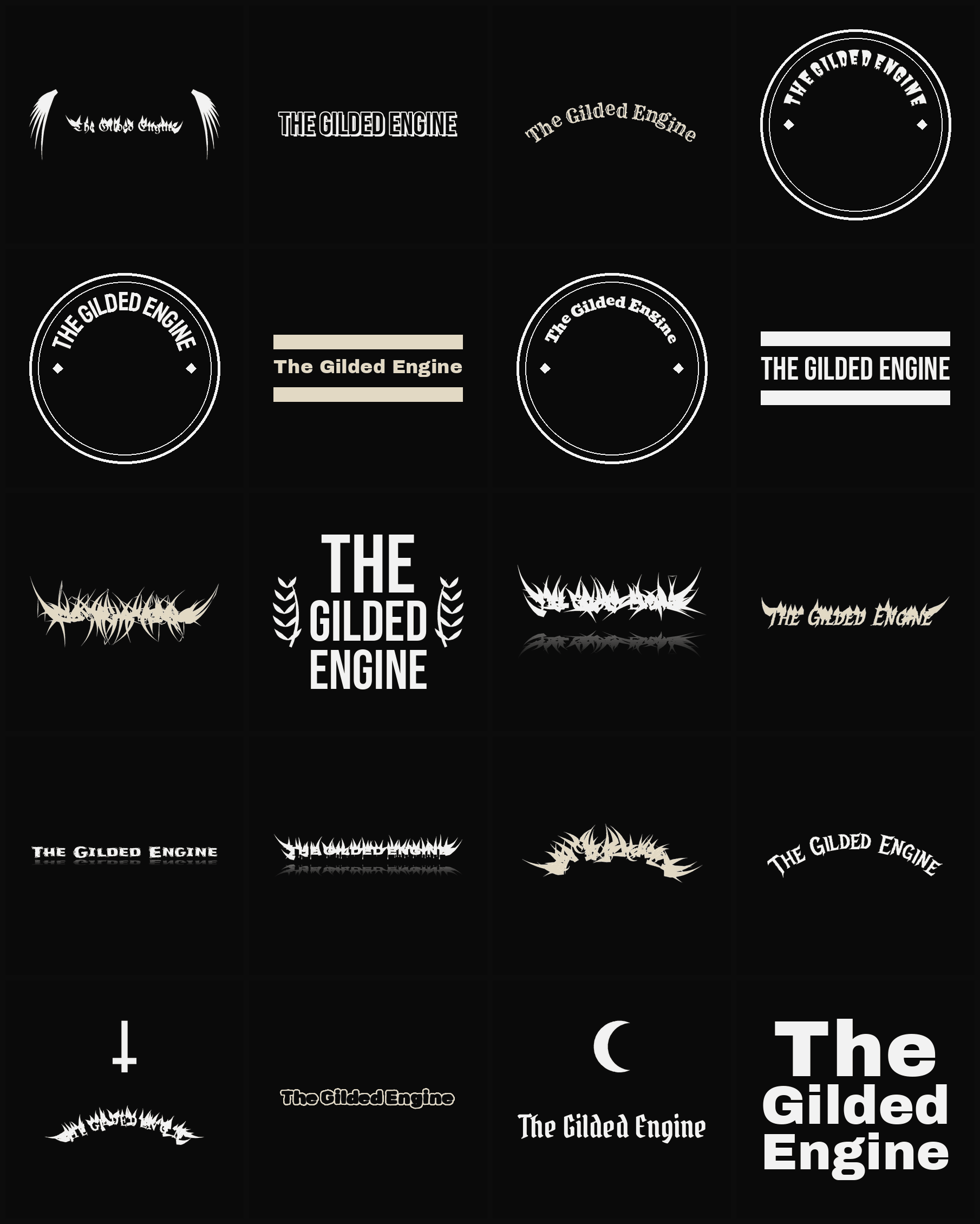Twenty The Gilded Engine band logo ideas — different faces, treatments and spike settings