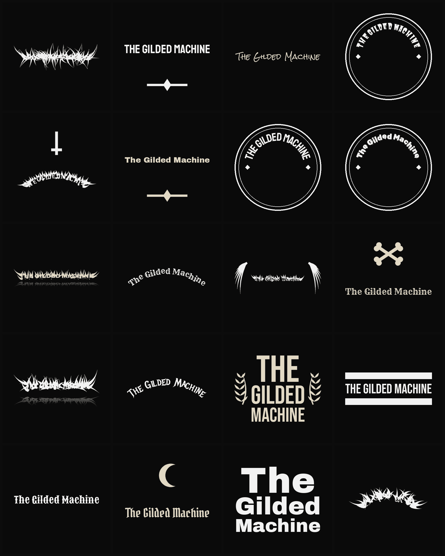Twenty The Gilded Machine band logo ideas — different faces, treatments and spike settings