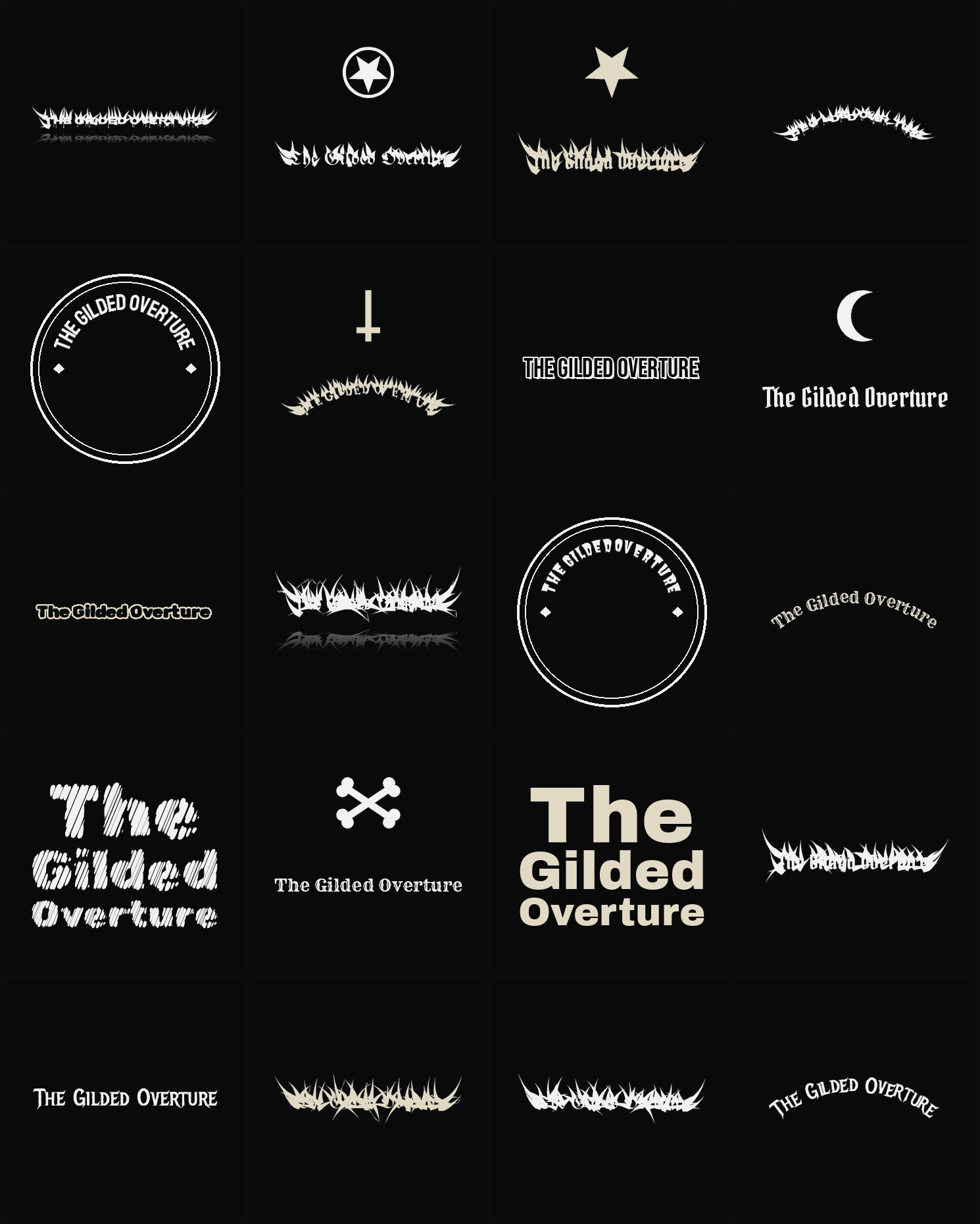 Twenty The Gilded Overture band logo ideas — different faces, treatments and spike settings