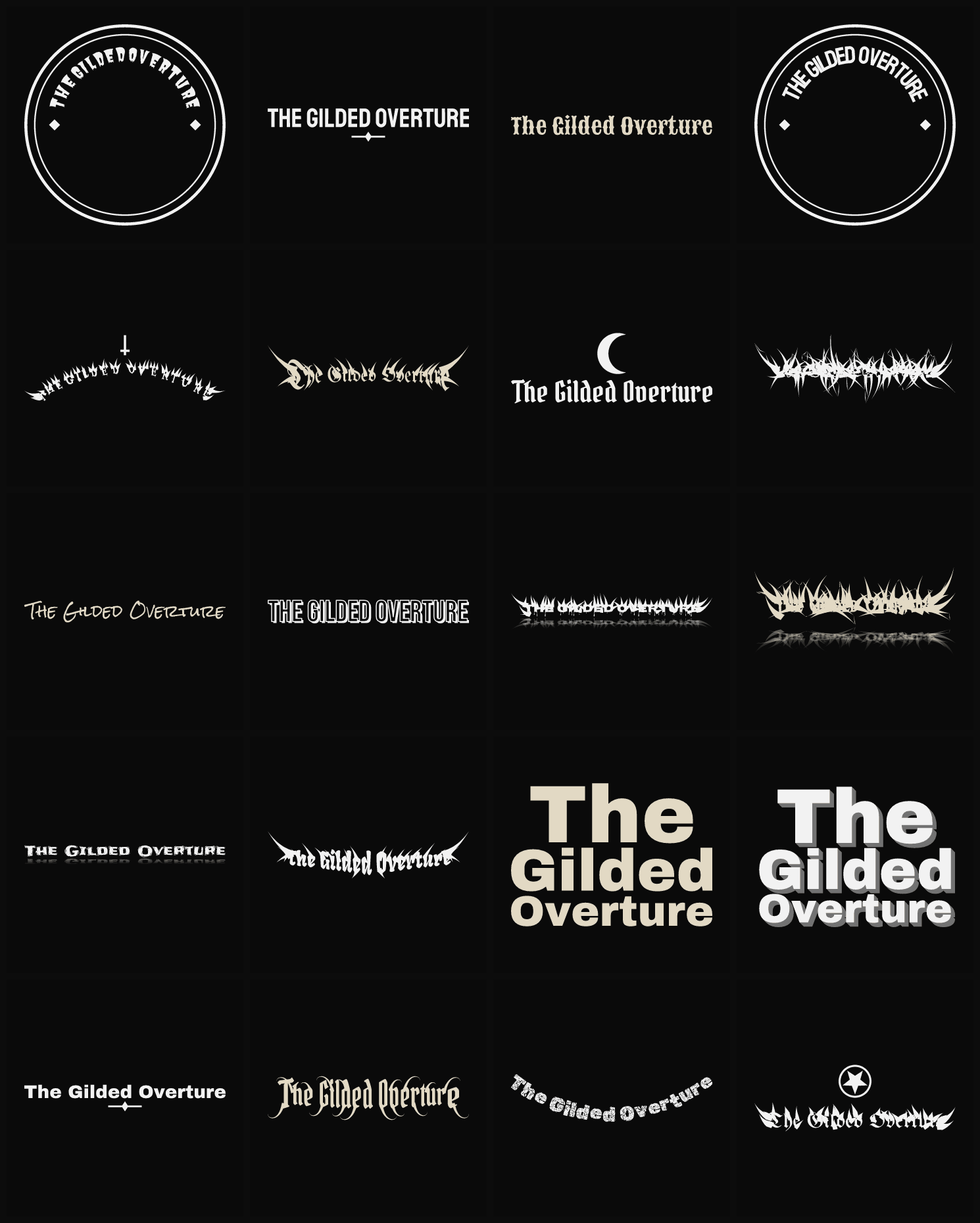 Twenty The Gilded Overture band logo ideas — different faces, treatments and spike settings