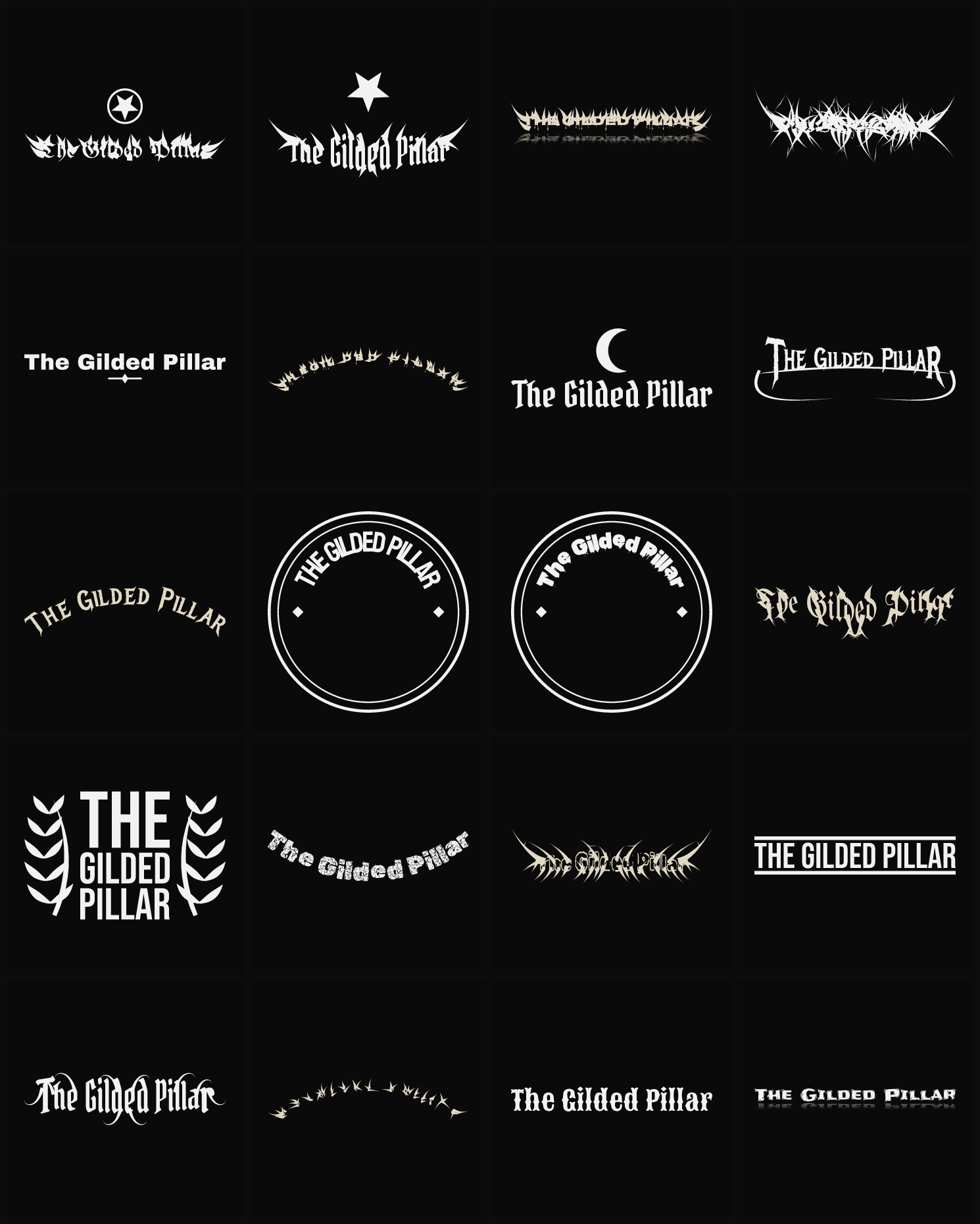 Twenty The Gilded Pillar band logo ideas — different faces, treatments and spike settings