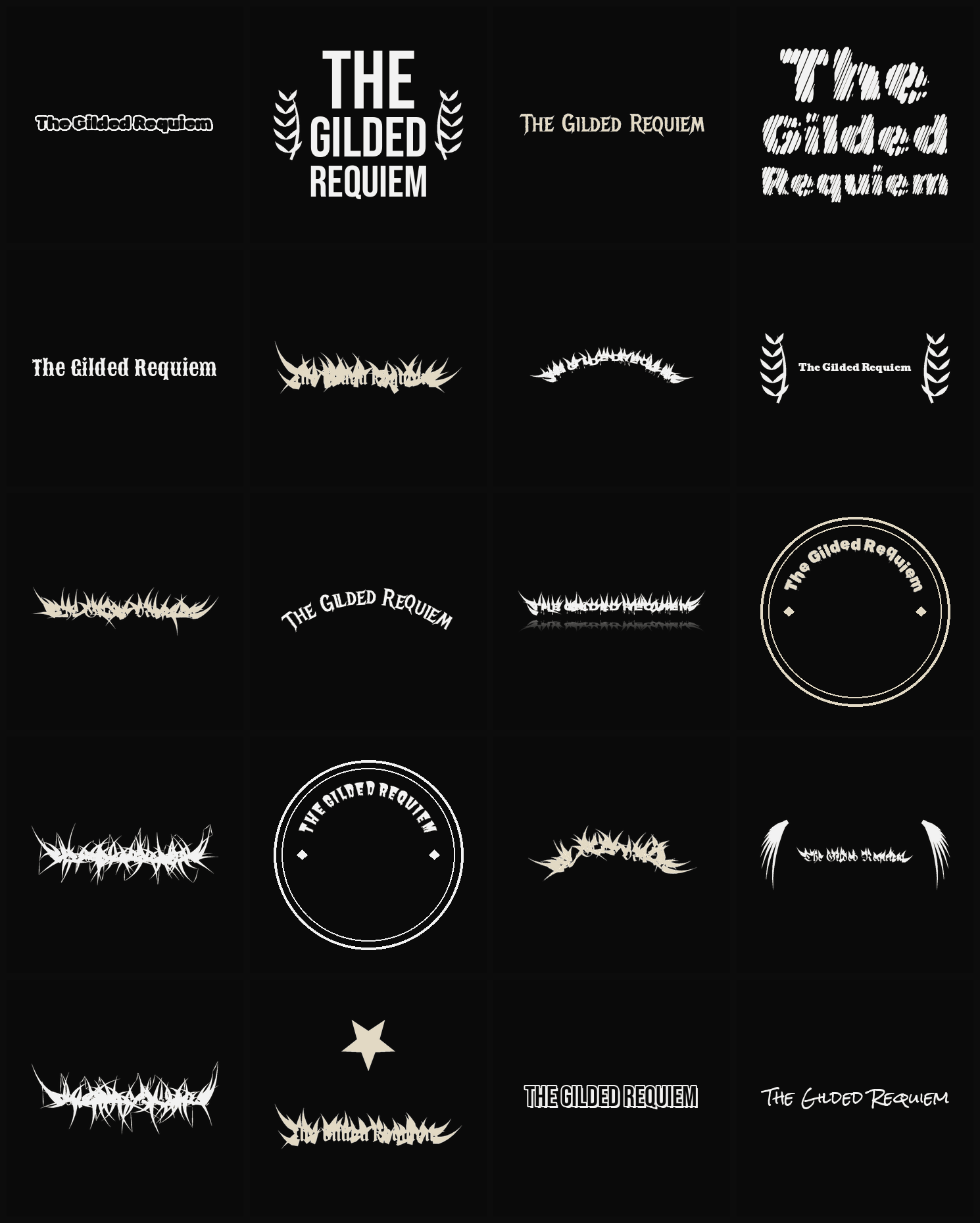 Twenty The Gilded Requiem band logo ideas — different faces, treatments and spike settings