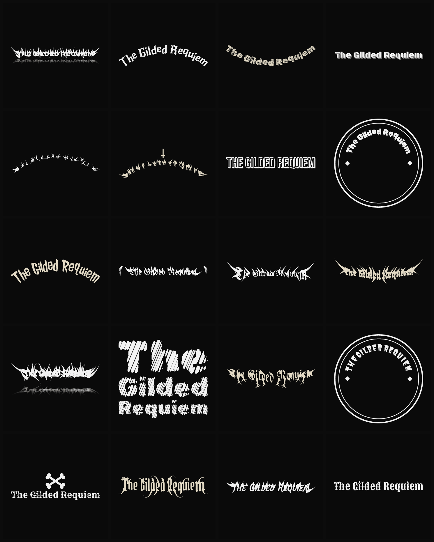 Twenty The Gilded Requiem band logo ideas — different faces, treatments and spike settings