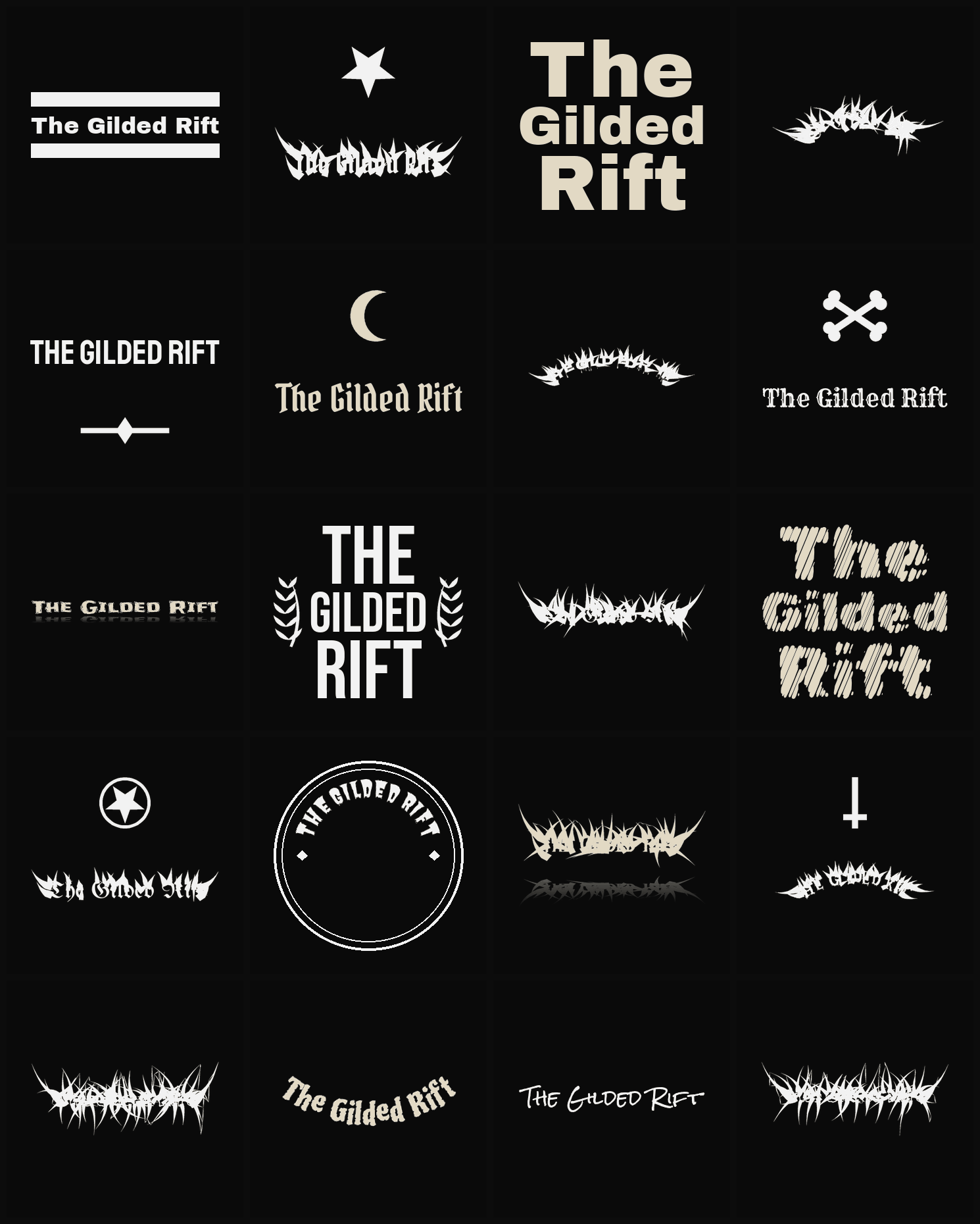 Twenty The Gilded Rift band logo ideas — different faces, treatments and spike settings