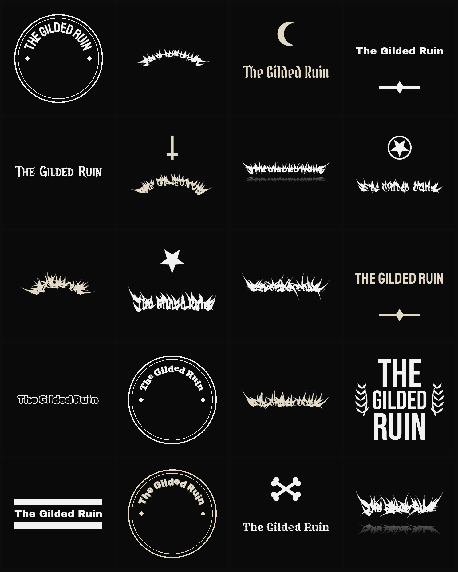 Twenty The Gilded Ruin band logo ideas — different faces, treatments and spike settings