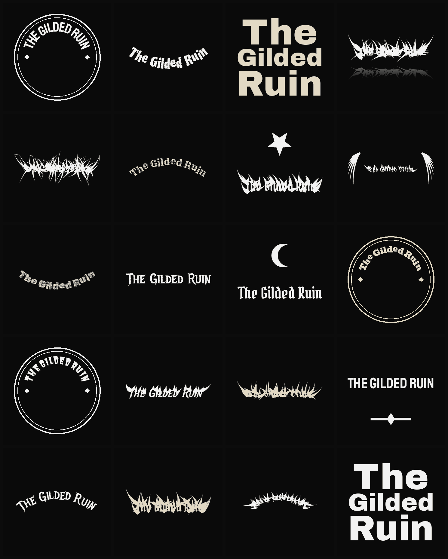 Twenty The Gilded Ruin band logo ideas — different faces, treatments and spike settings
