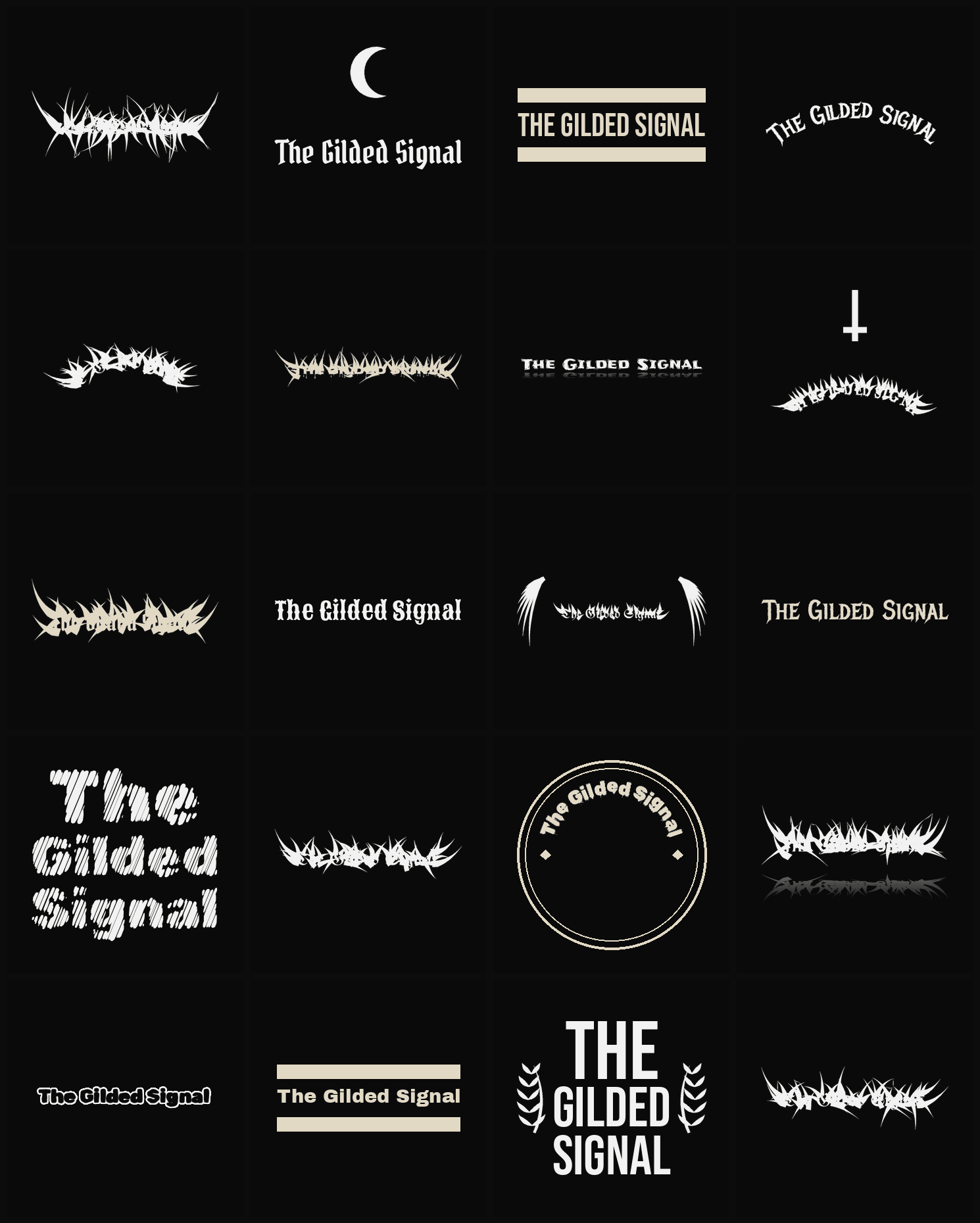 Twenty The Gilded Signal band logo ideas — different faces, treatments and spike settings