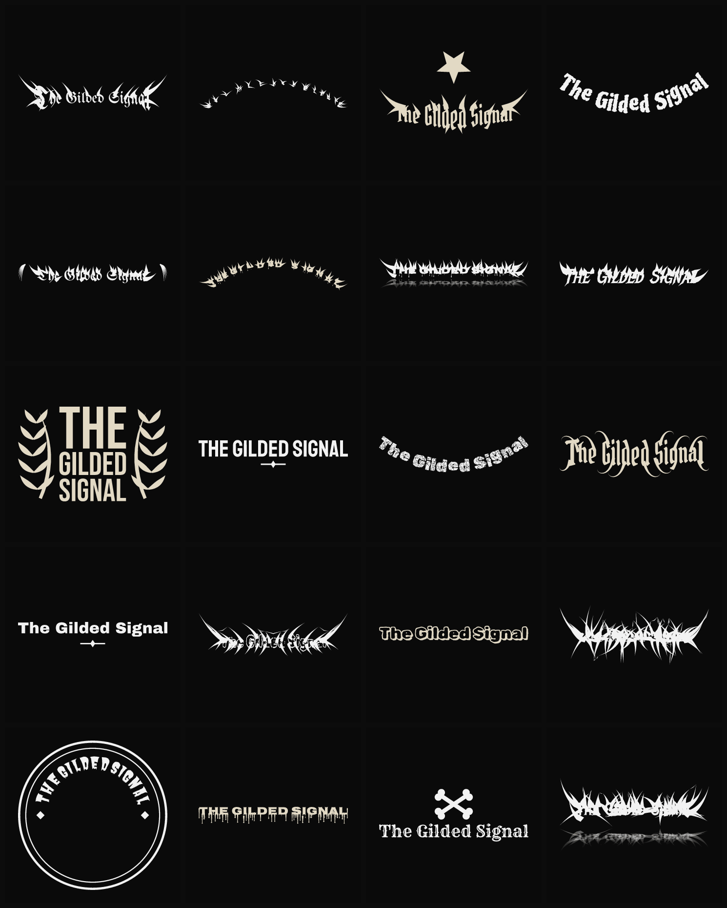 Twenty The Gilded Signal band logo ideas — different faces, treatments and spike settings