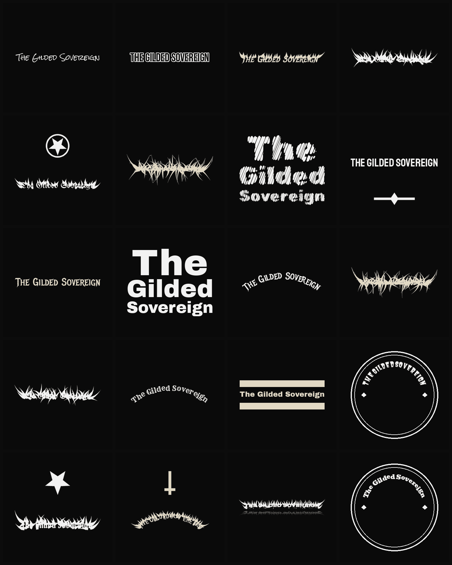 Twenty The Gilded Sovereign band logo ideas — different faces, treatments and spike settings