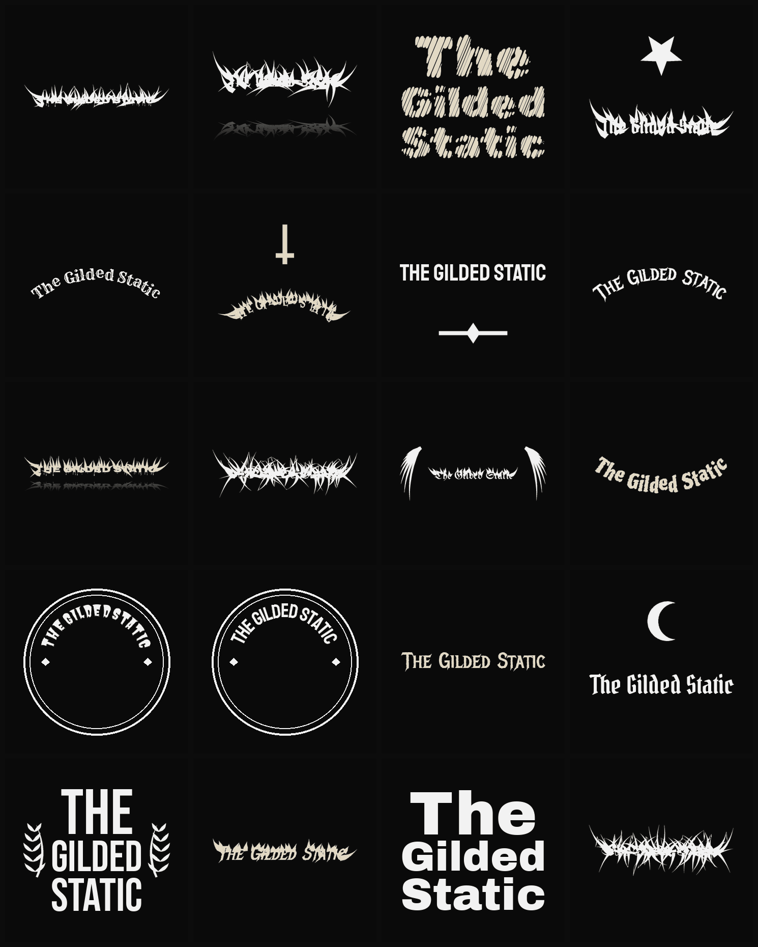 Twenty The Gilded Static band logo ideas — different faces, treatments and spike settings