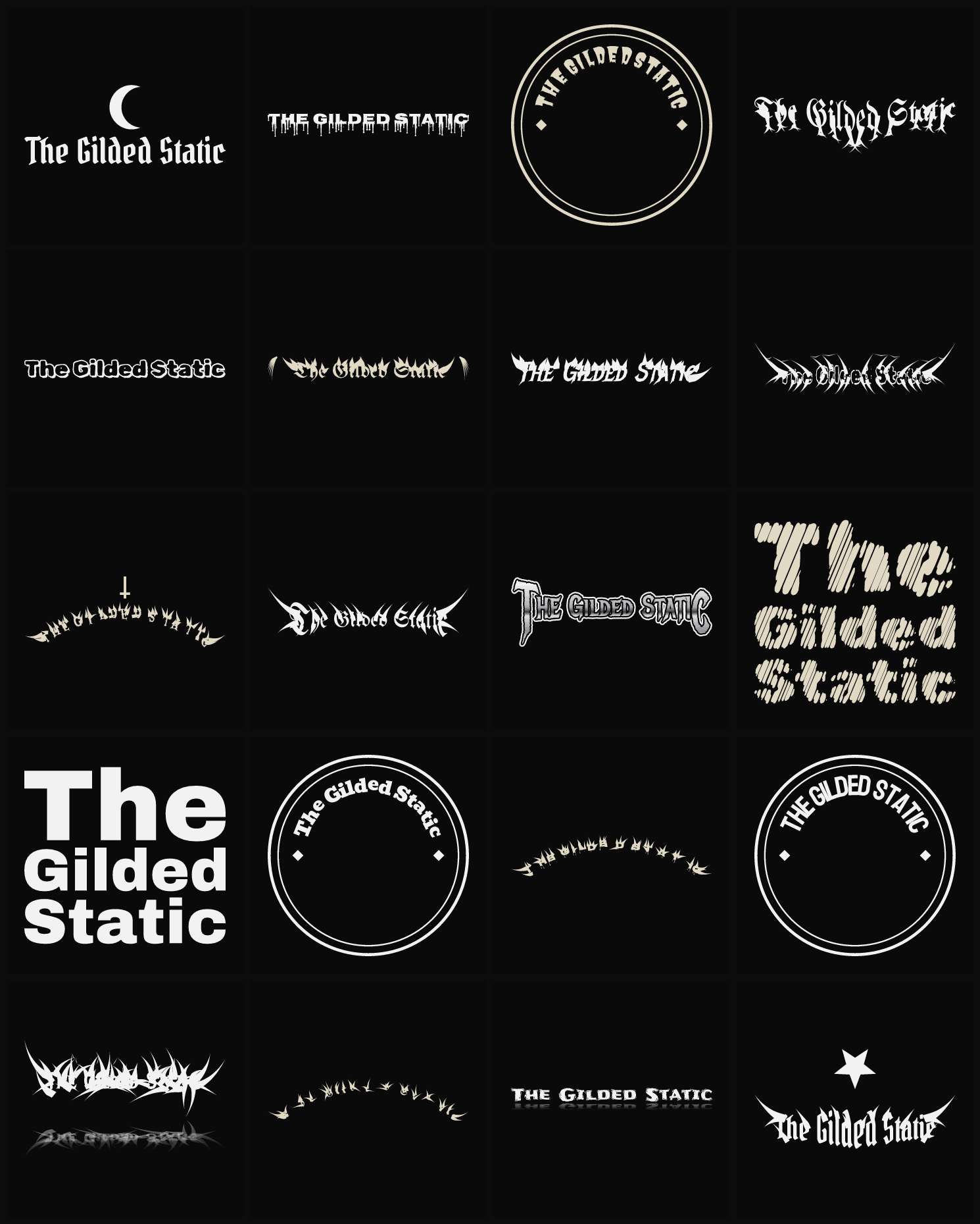 Twenty The Gilded Static band logo ideas — different faces, treatments and spike settings