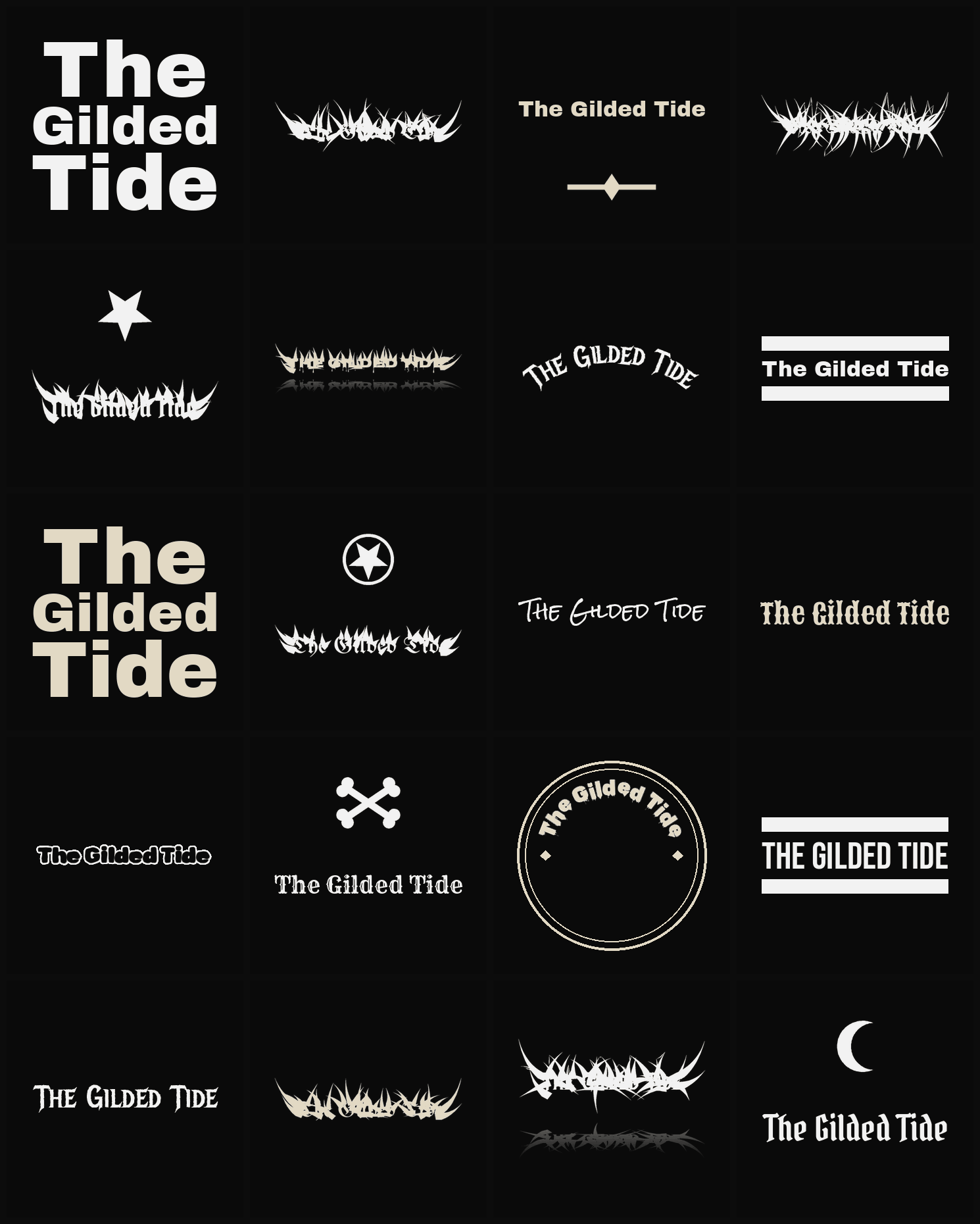 Twenty The Gilded Tide band logo ideas — different faces, treatments and spike settings