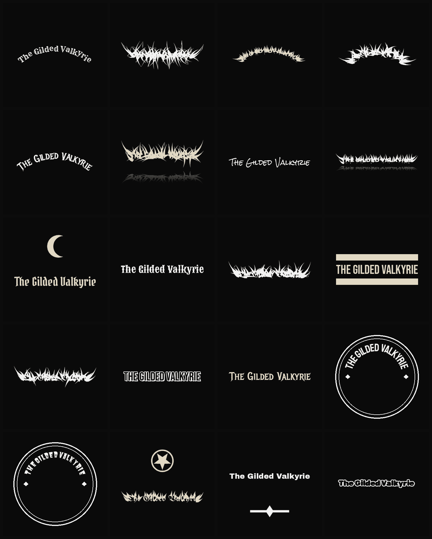 Twenty The Gilded Valkyrie band logo ideas — different faces, treatments and spike settings