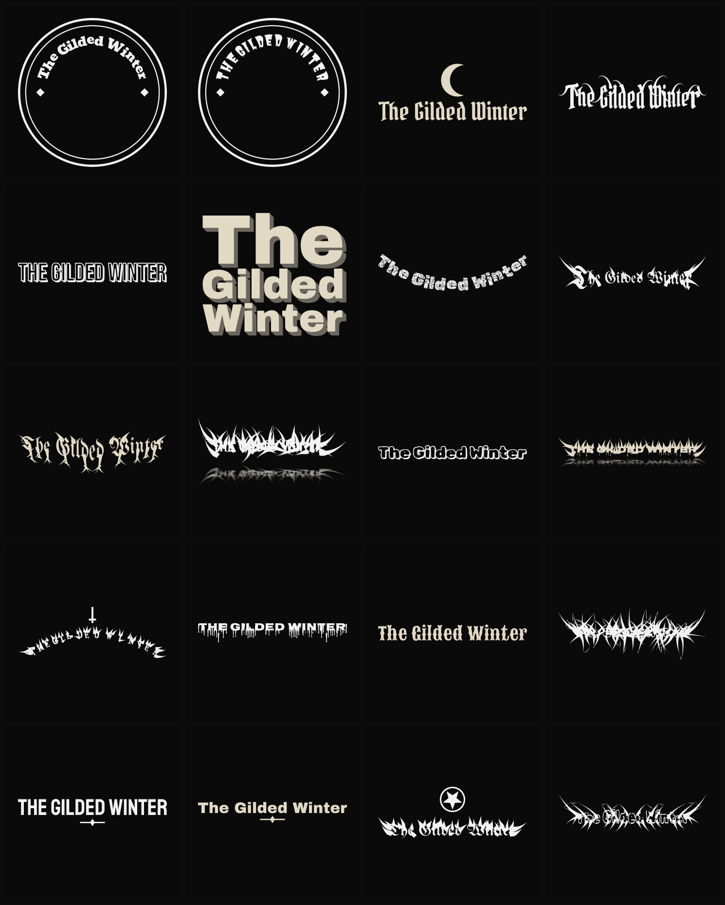 Twenty The Gilded Winter band logo ideas — different faces, treatments and spike settings