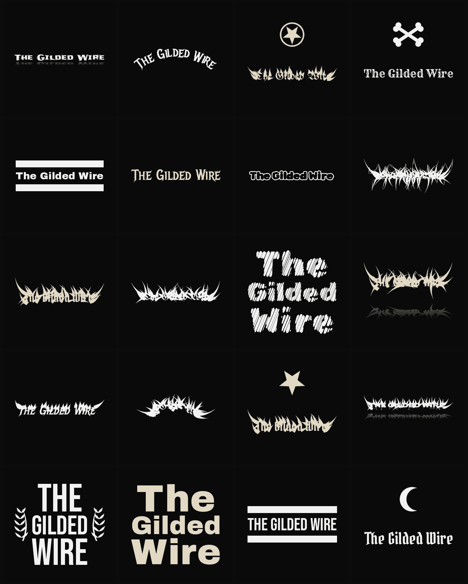 Twenty The Gilded Wire band logo ideas — different faces, treatments and spike settings