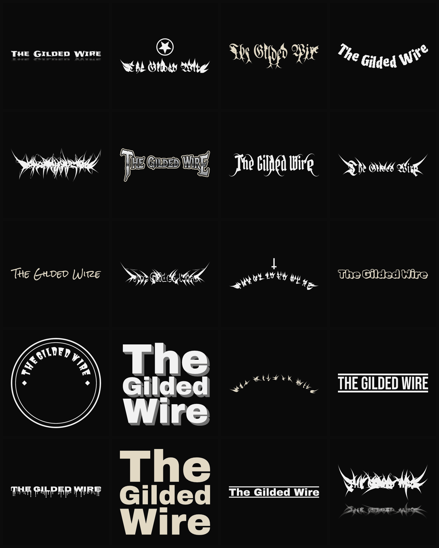Twenty The Gilded Wire band logo ideas — different faces, treatments and spike settings
