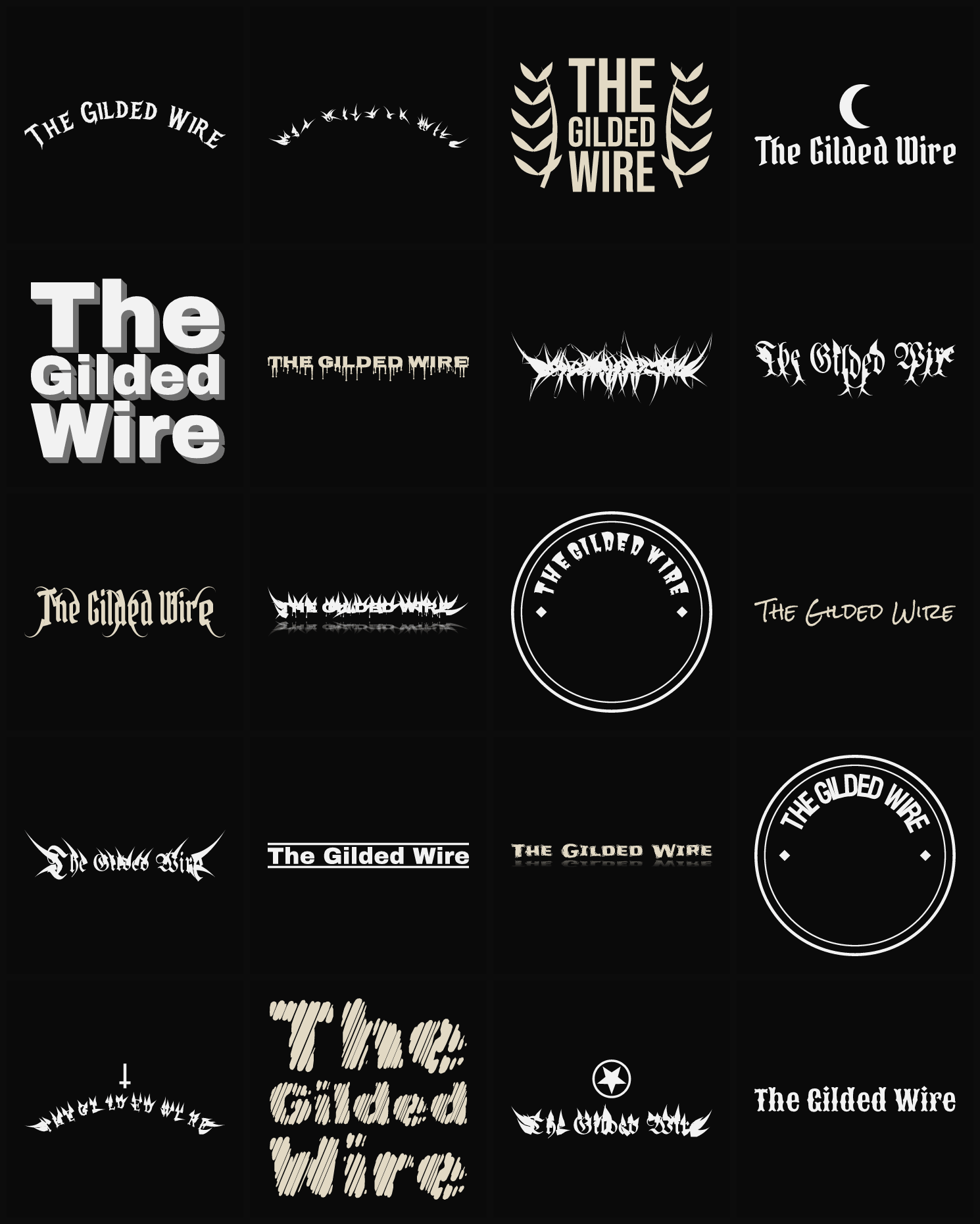 Twenty The Gilded Wire band logo ideas — different faces, treatments and spike settings