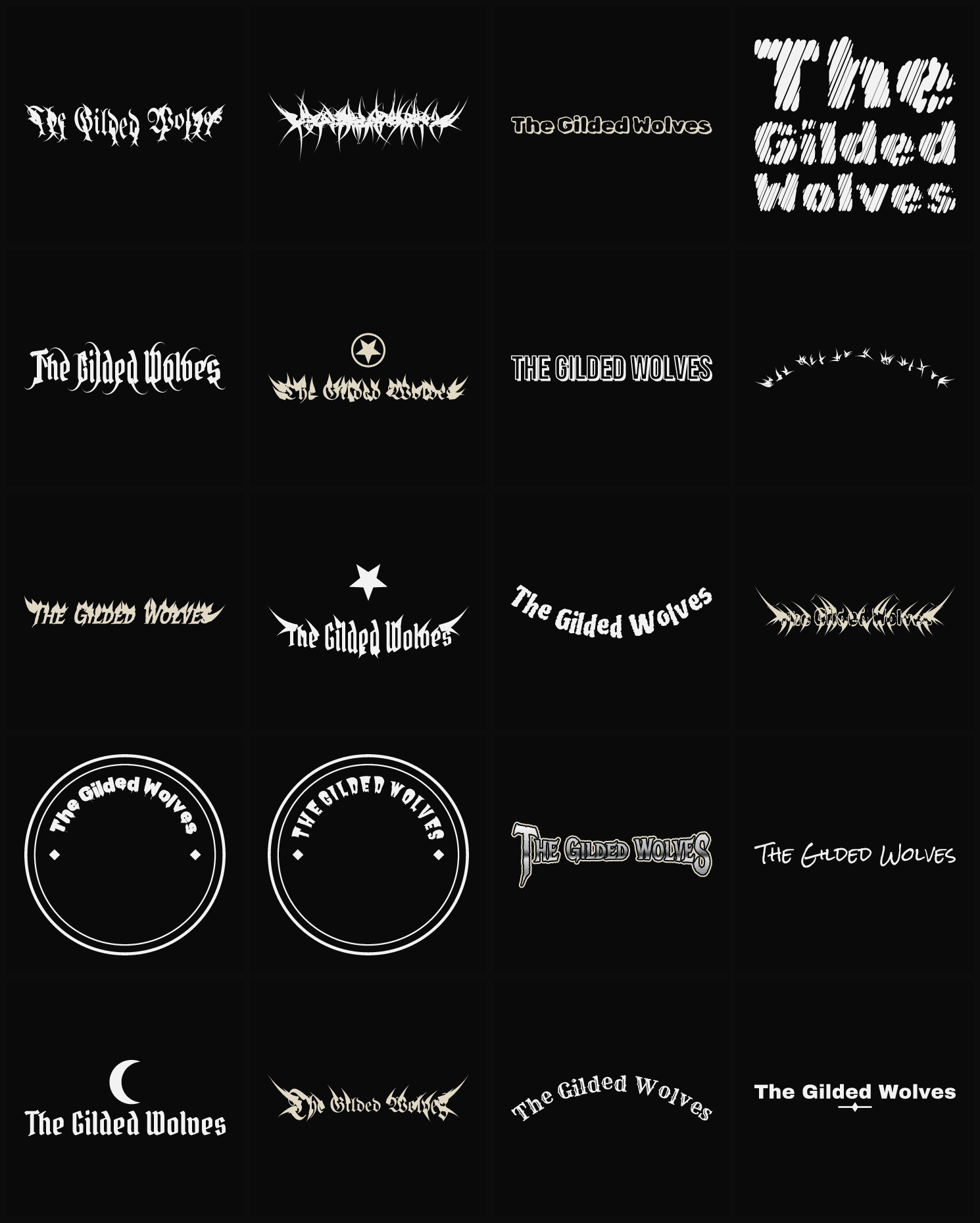Twenty The Gilded Wolves band logo ideas — different faces, treatments and spike settings