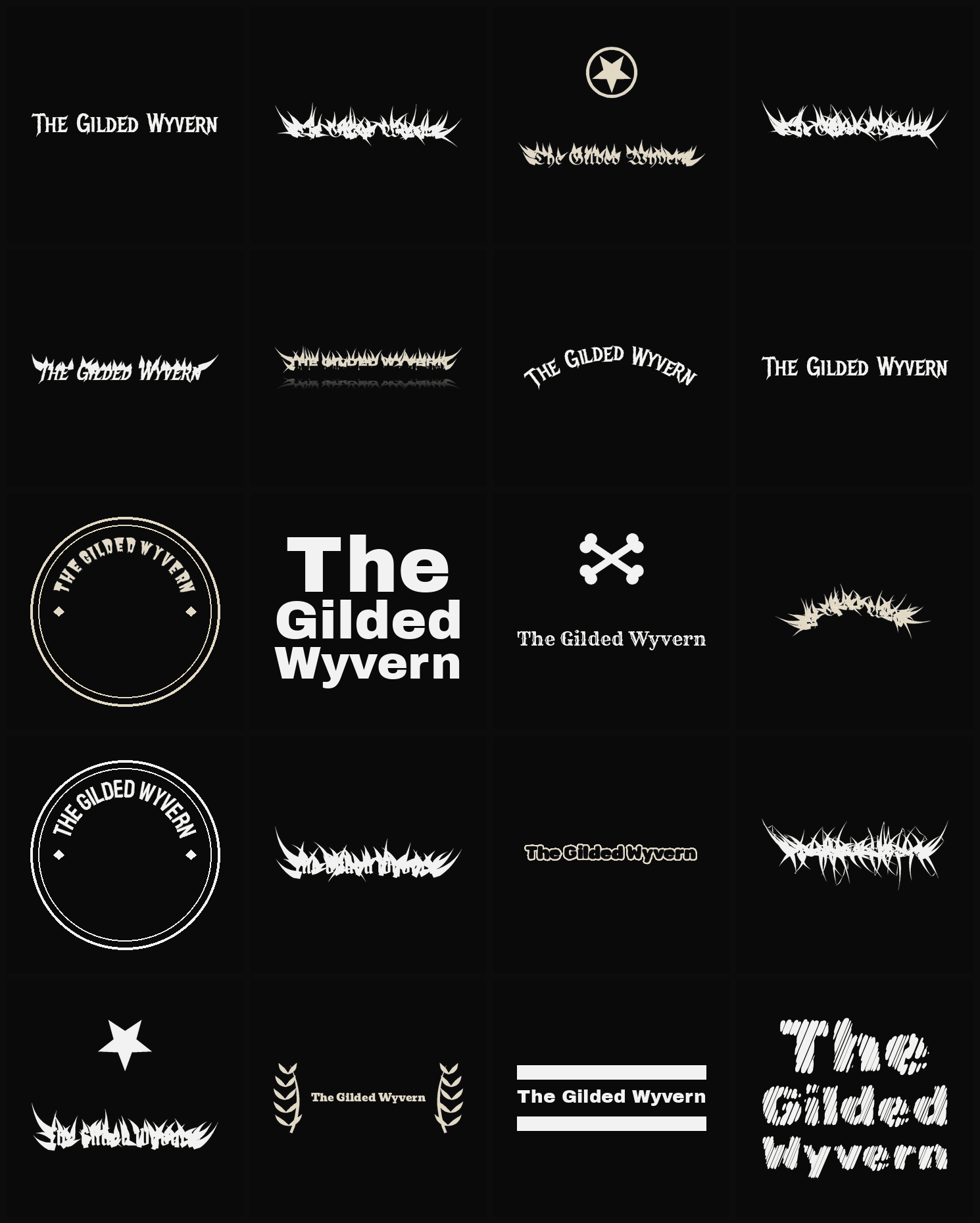Twenty The Gilded Wyvern band logo ideas — different faces, treatments and spike settings