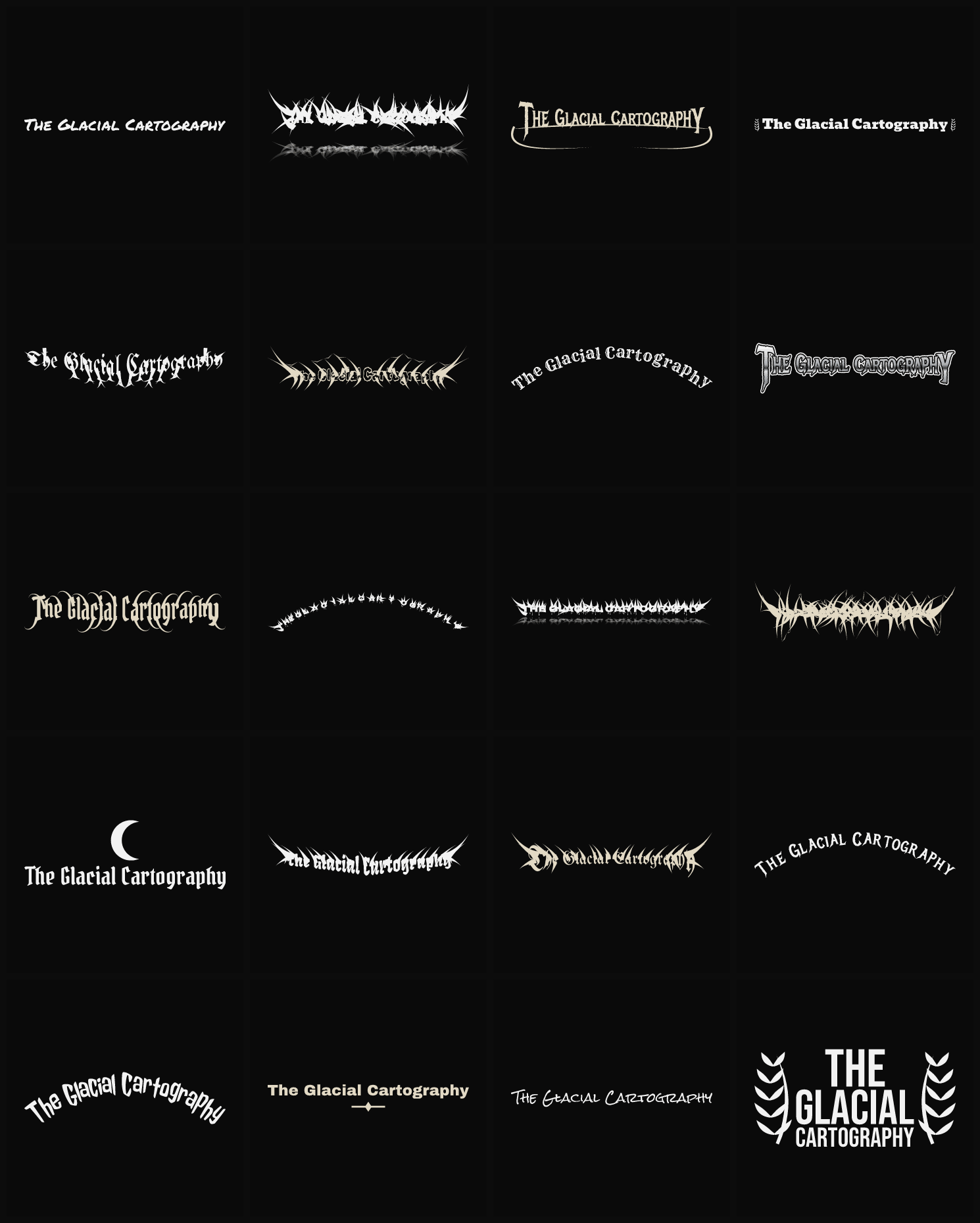 Twenty The Glacial Cartography band logo ideas — different faces, treatments and spike settings